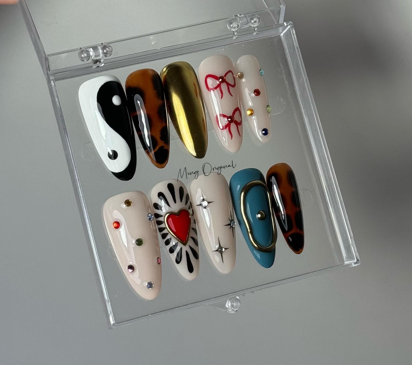 Trendy Mixed Design Press On Nails, Handmade Luxury Nail Set, Tortoise, Yin Yang, Red Heart, Gold Chrome, 3D Bows,birthday gift for he MO391