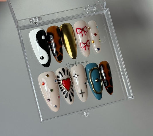 Trendy Mixed Design Press On Nails, Handmade Luxury Nail Set, Tortoise, Yin Yang, Red Heart, Gold Chrome, 3D Bows,birthday gift for he MO391