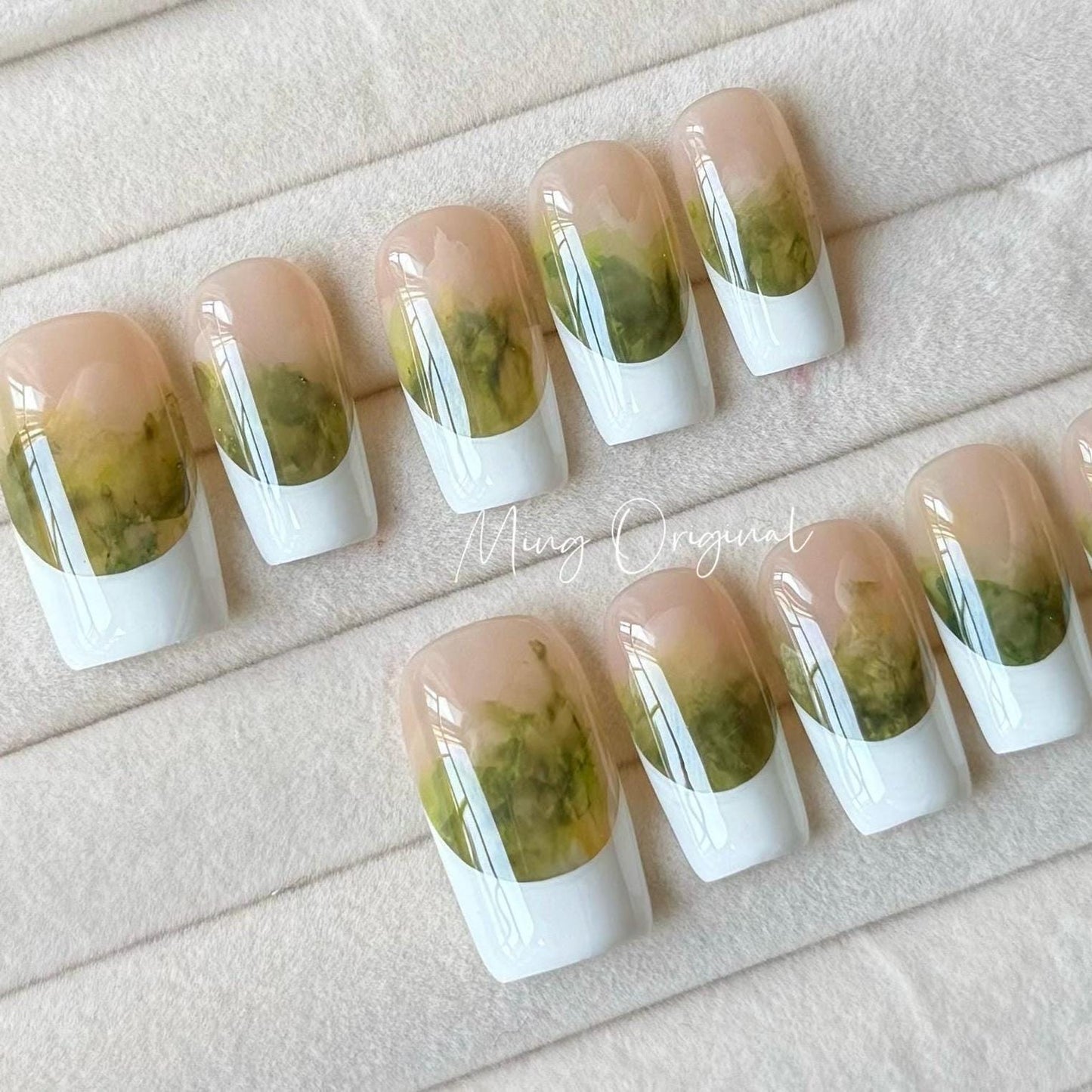 French Tip Collection| white tip with green water color Press on Nail, glue on nail, art nail, birthday gift for her,MO332