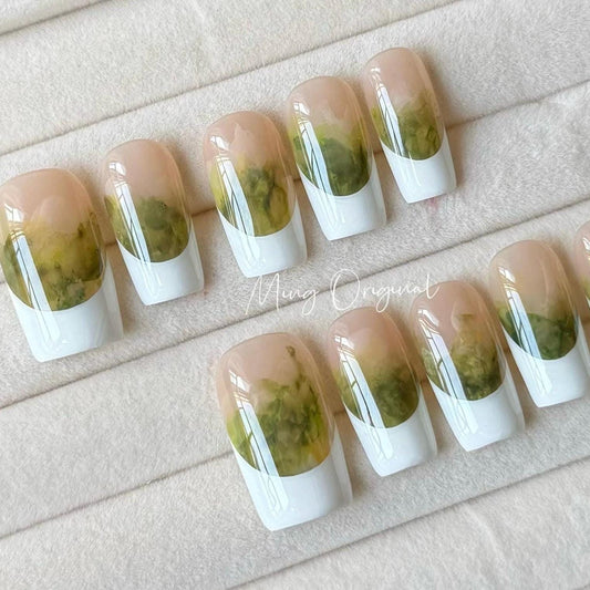 French Tip Collection| white tip with green water color Press on Nail, glue on nail, art nail, birthday gift for her,MO332