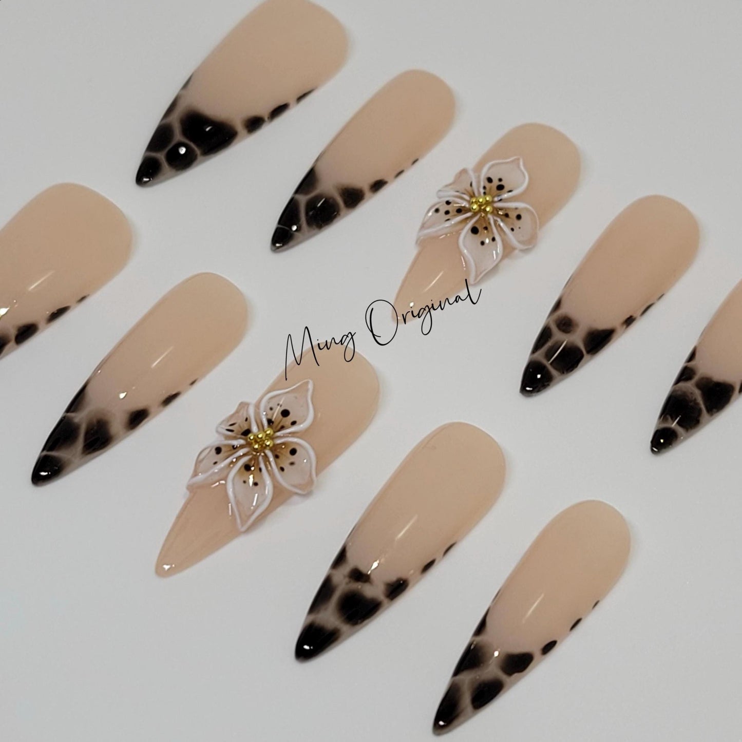 Animal print french tip Press on Nails,  leopard print 3d flower fake nails, glue on nail, holiday birthday gift for her,MO290