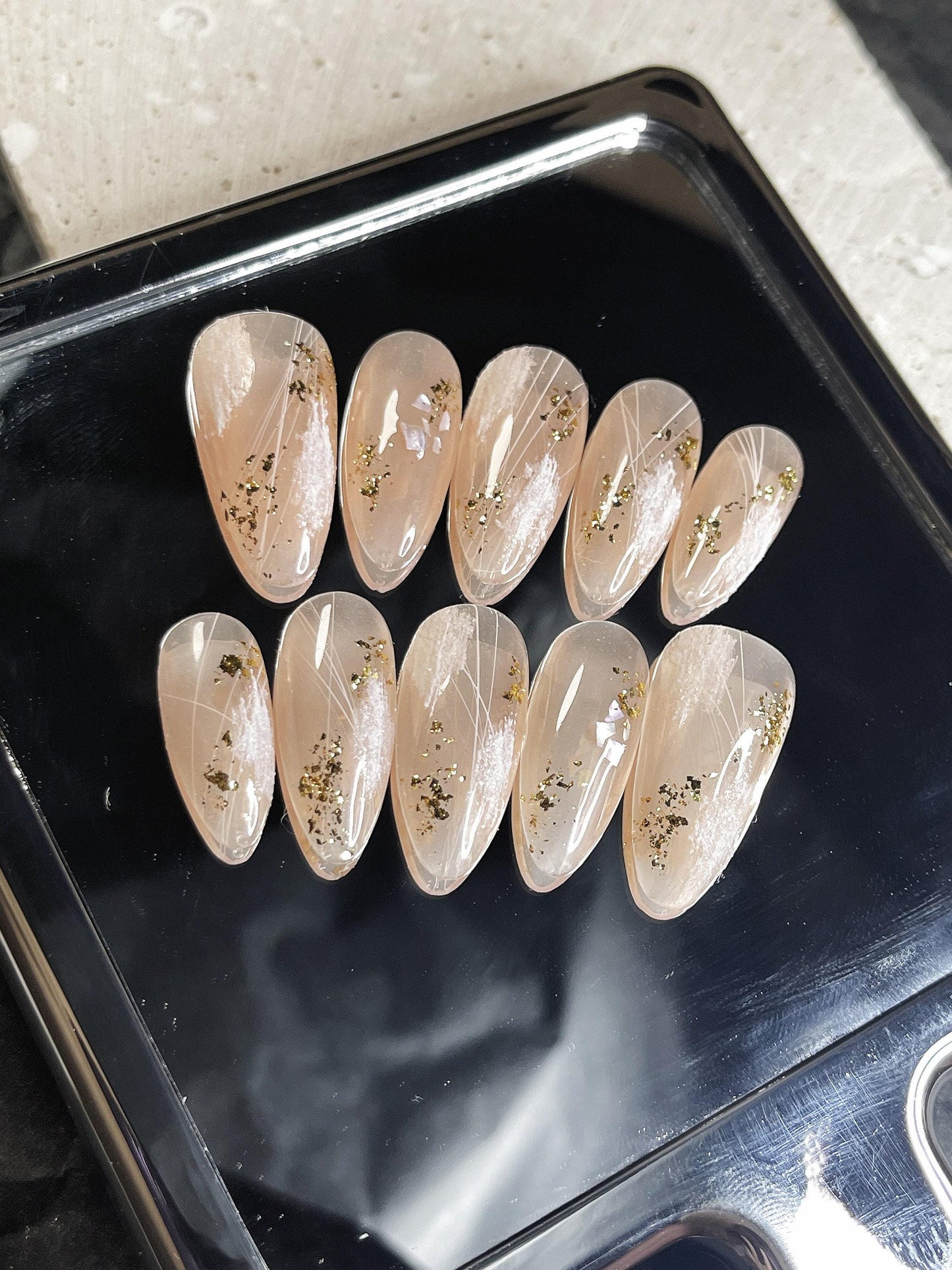Nude glittery sculptured Press on Nails, gold flakes handmade Art  Nails, Jelly Nails