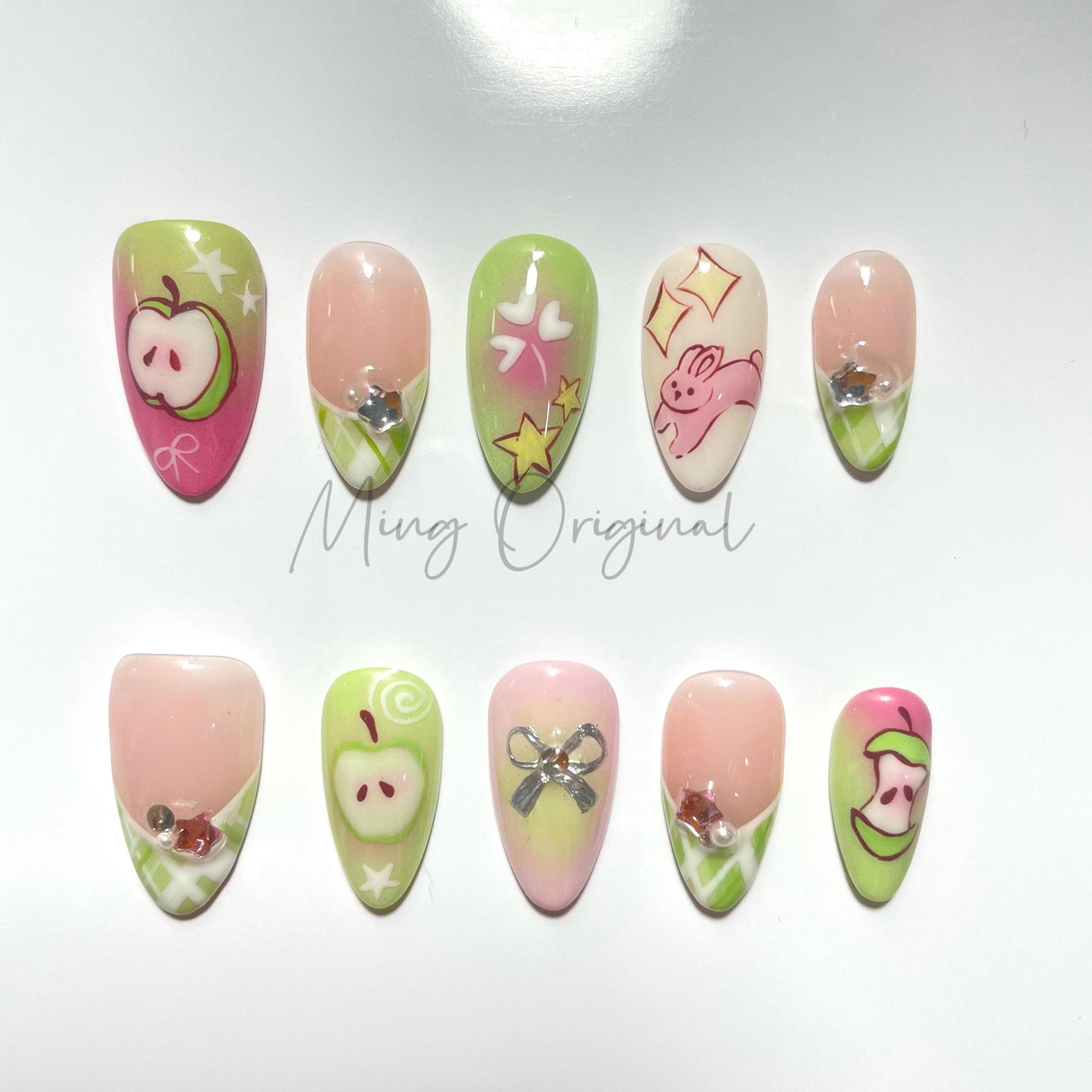 Apple Bunny Picnic Fruit Lover press on nails,Fresh Look Candy Color Gifts for Her, Gingham Accent, Spring Soft Pink and Green Apple, MO358