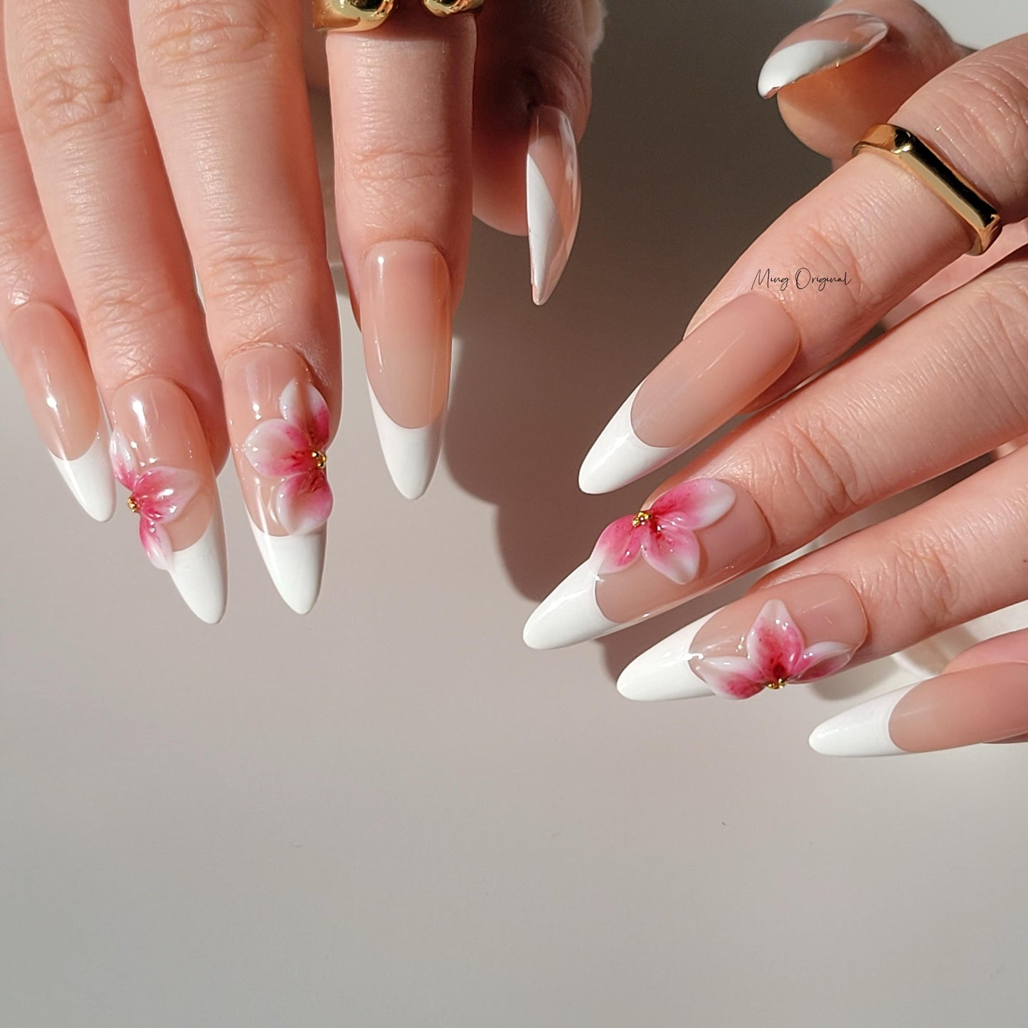 Pink 3d blooming flower press on nails, 3d white jelly flower French tip Nails, nude nails, birthday holiday gift for her MO322