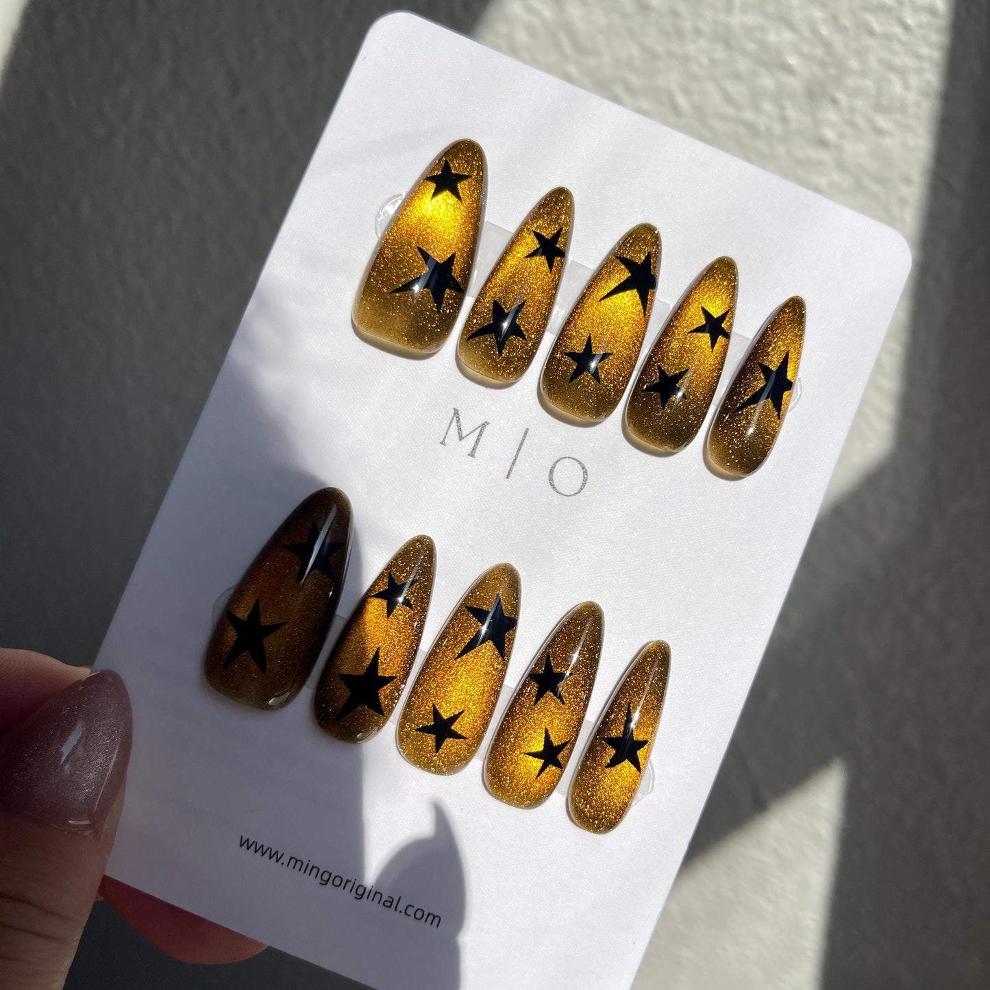 Da Amber Star| glass beads inspired magnetic cat eye press on nails, yellow/golden nails, semitransparent reuse nails, glitter fake nail