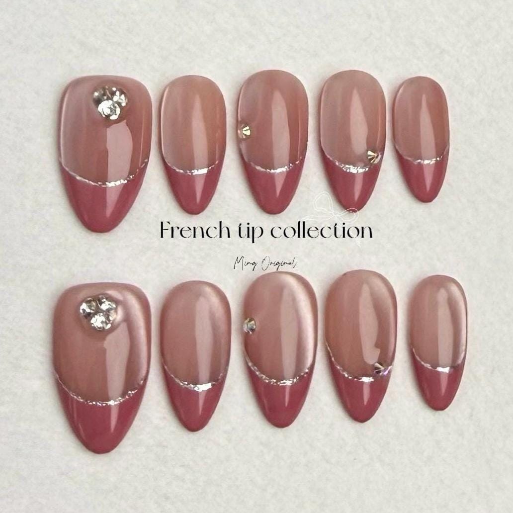 French Tip Collection, hibiscus color hand painted premium Press on Nails, cat eye nail, crystal nail,autumn winter nail, gift for her,MO247
