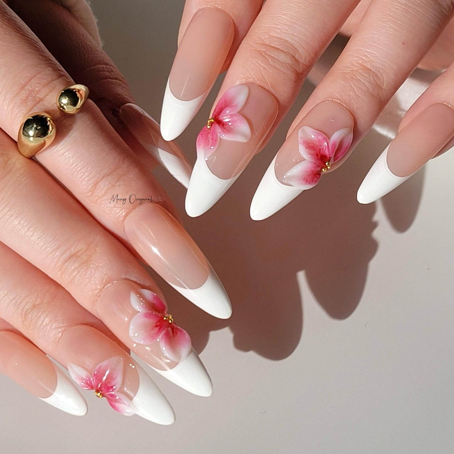 Pink 3d blooming flower press on nails, 3d white jelly flower French tip Nails, nude nails, birthday holiday gift for her MO322