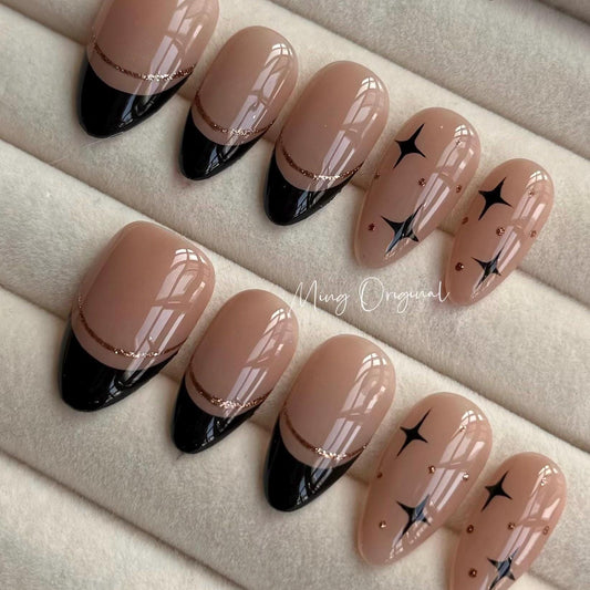 French Tip Collection, black tip and gold abstract line Press on Nails, nude Star everyday nail ,autumn winter nail, gift for her,MO324