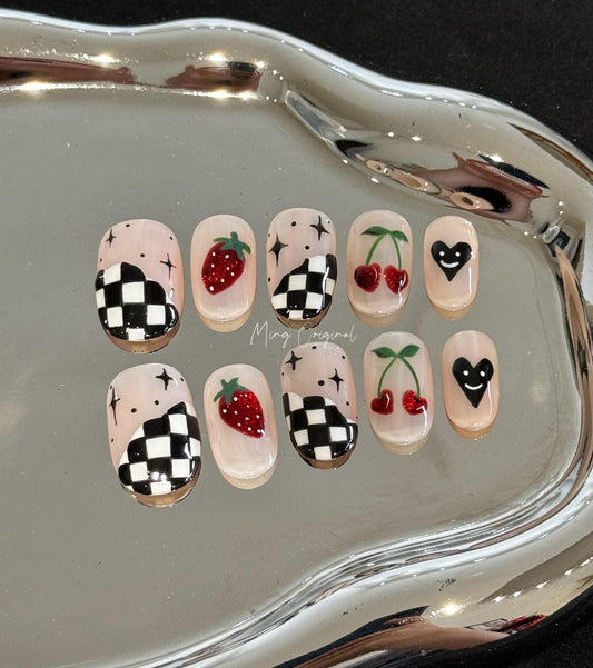 Cute Checkerboard fruit lover Y2K Press on Nails, red cherry and strawberry nail, hand painted Nails, fake nails, gift for her