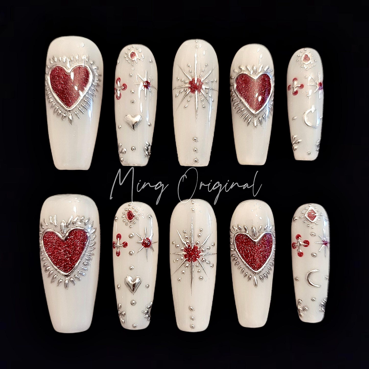 Milky white Silver Glittery heart chrome Press on Nails, hand painted free style heart handmade Nails, vintage style