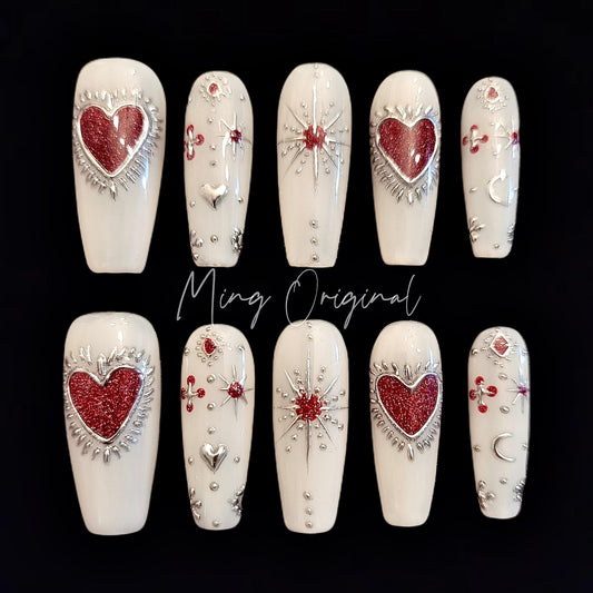 Milky white Silver Glittery heart chrome Press on Nails, hand painted free style heart handmade Nails, vintage style