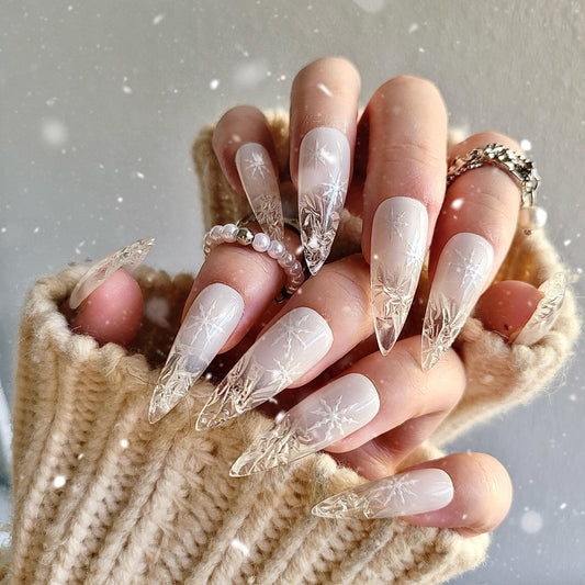 White Christmas Icey tip Press on Nails, snowflake crystal broken glass winter handmade Nails, snow white ombre clear tip Jelly Nails, MO285