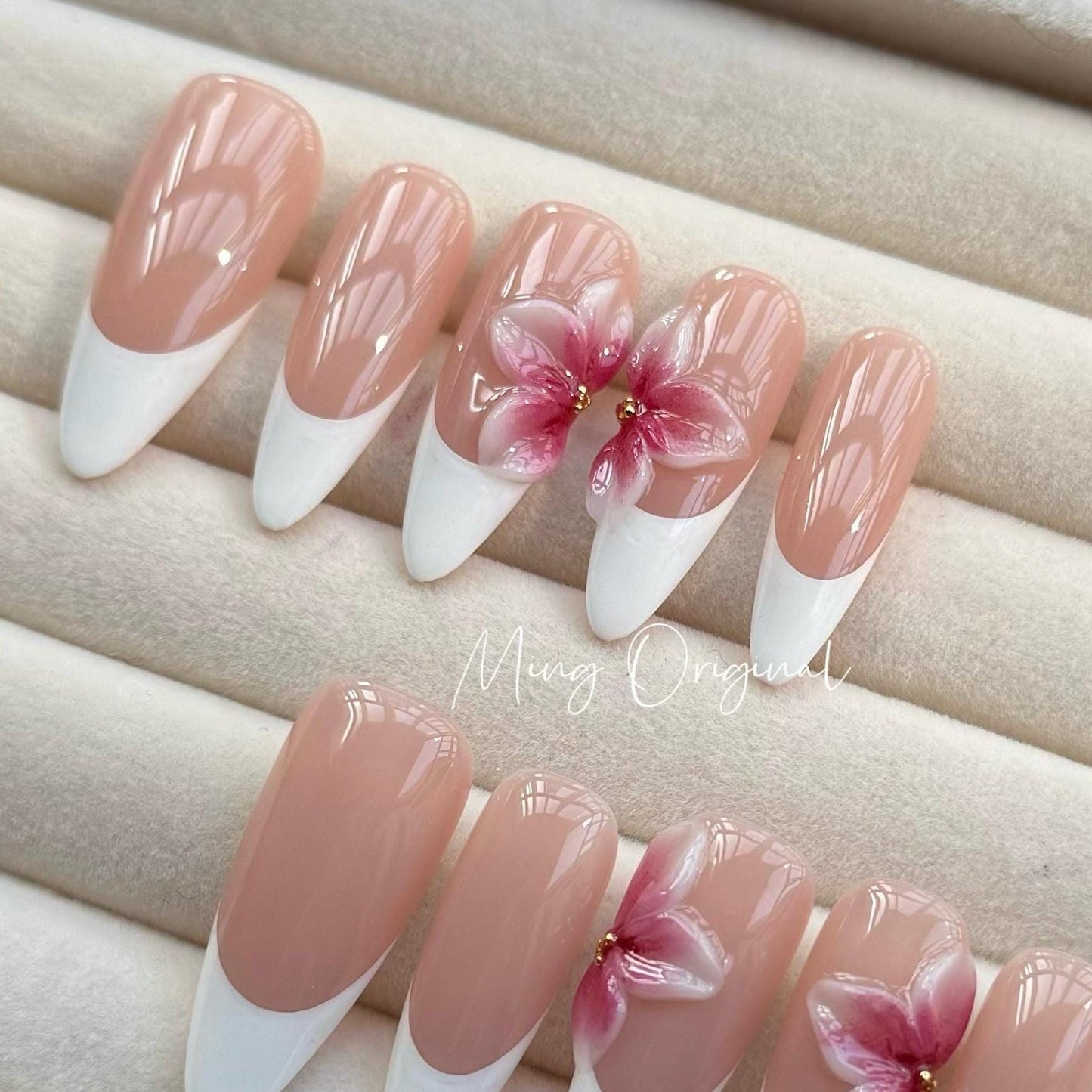 Pink 3d blooming flower press on nails, 3d white jelly flower French tip Nails, nude nails, birthday holiday gift for her MO322