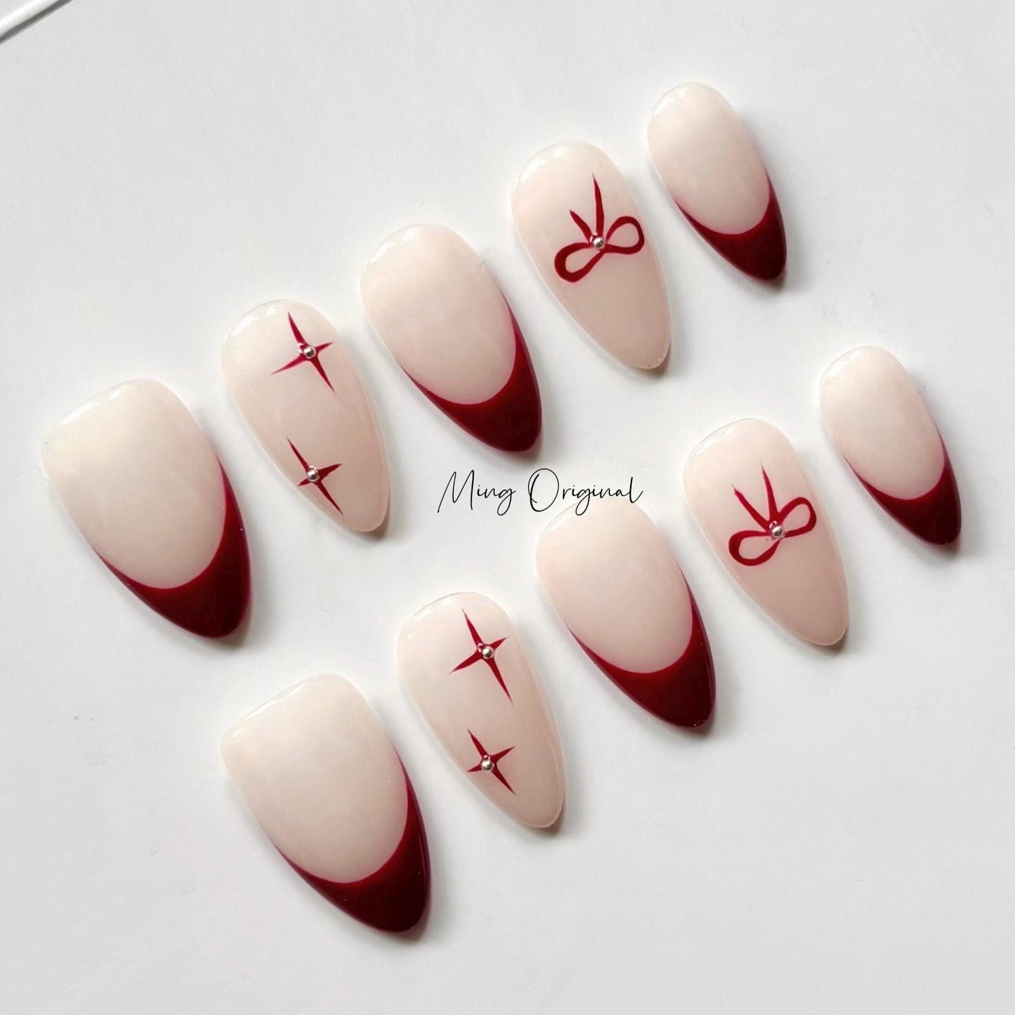 Simple red bow coquette Press on Nails, French tip handmade Nails, little star Jelly Nails, MO386
