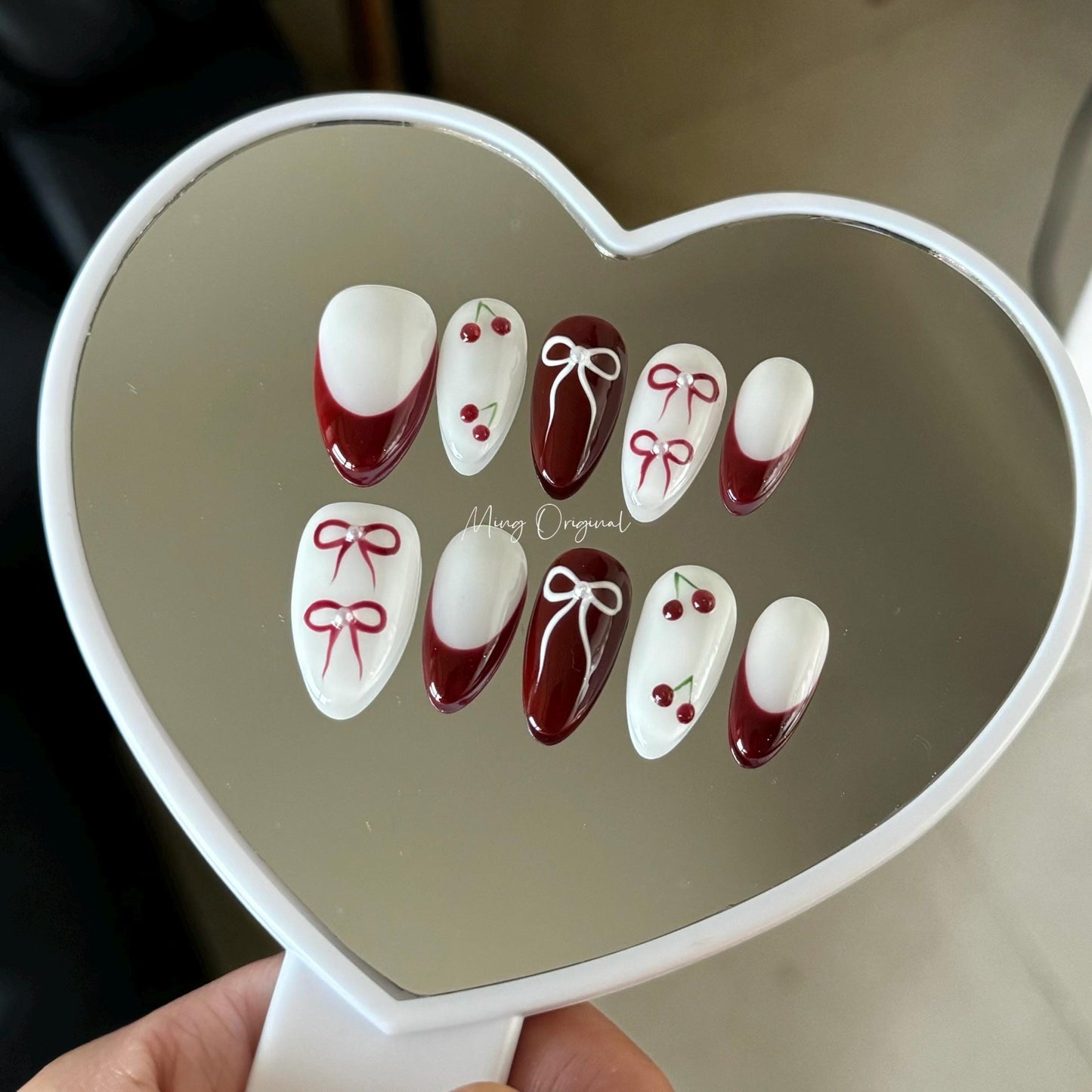 Milky White cute cherry bow coquette press on nail, red french tip nails, glue on nail, Christmas birthday gift for her, MO349