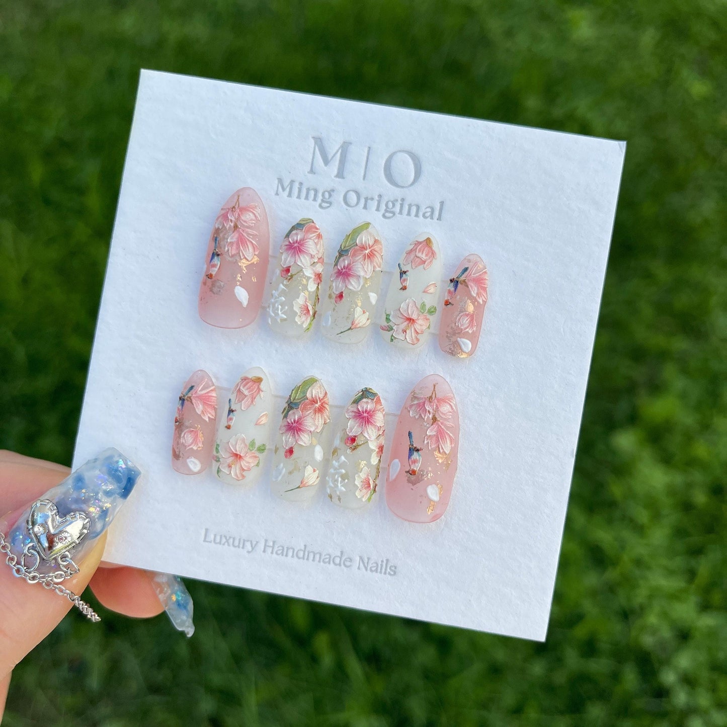 Reusable Pink sakura flower nail, bird nail, Premium Press on Nails, Fake nails, Nail Artist Faux Nails, Handmade gel art Nails, Matte Nails