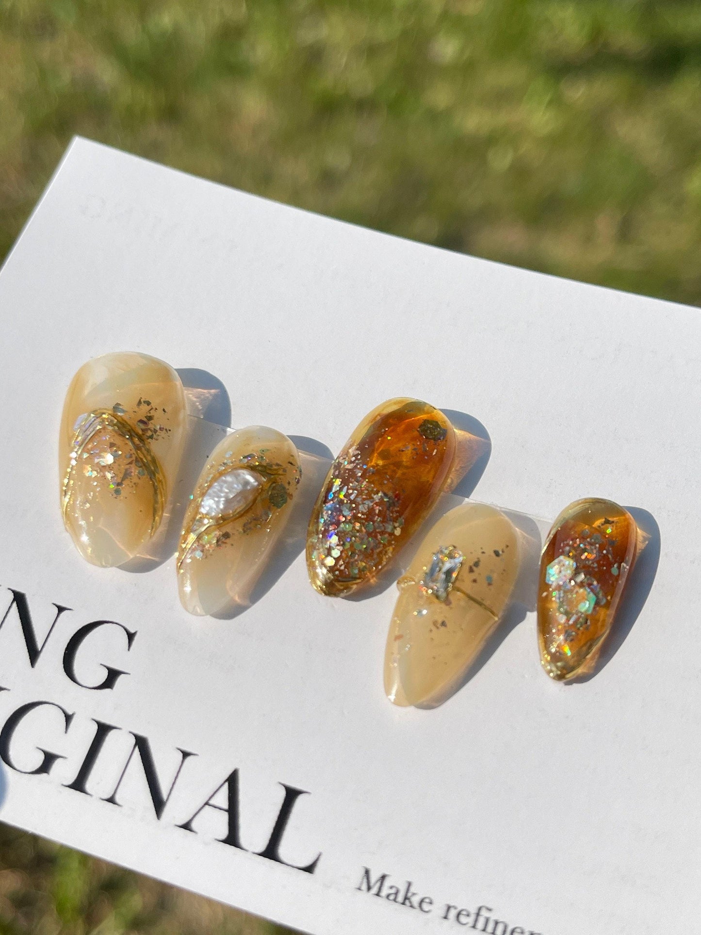 Da Brown sugar| glittery water blooming Press on Nails, vivid gemstone gold lines handmade Art  Nails, Jelly Nails