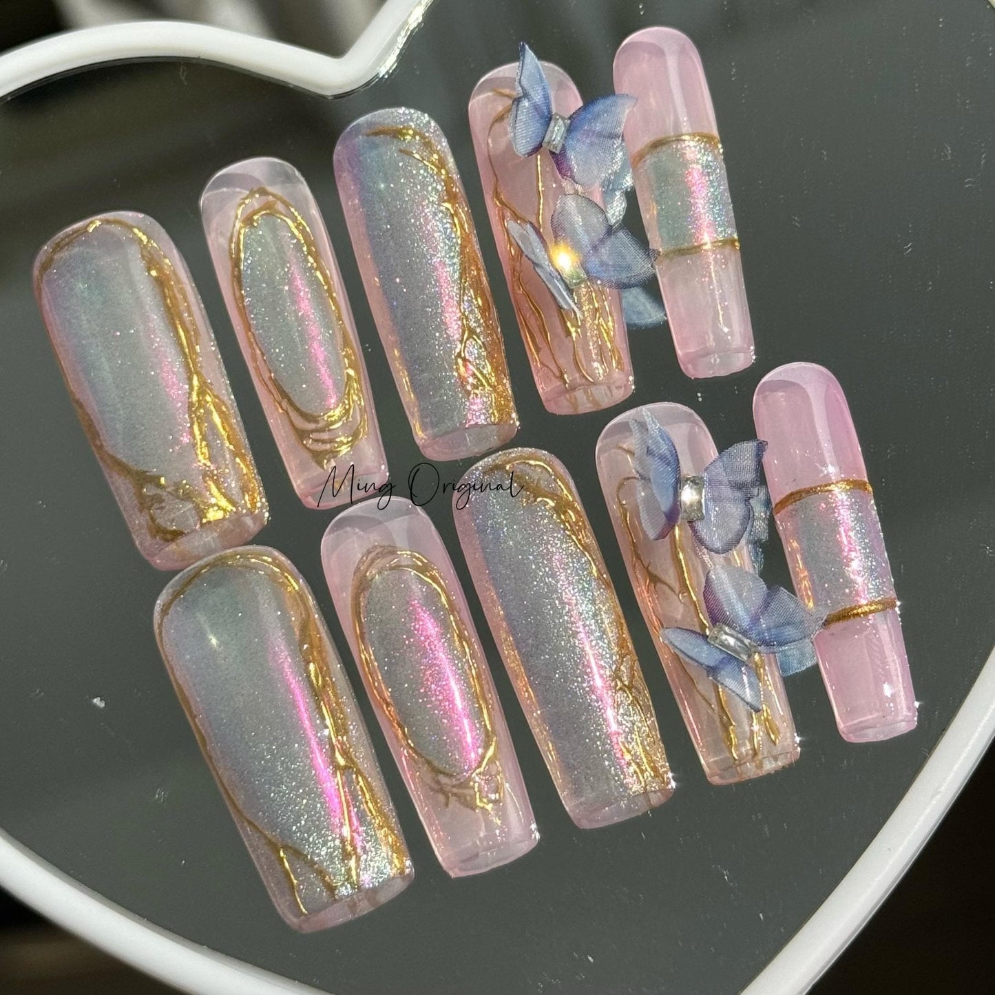 Butterfly Veil theme Press on Nails, Aura Mermaid Butterfly Nails, cat eye shimmering with gold detail, glue on Nails, gift for her, MO402