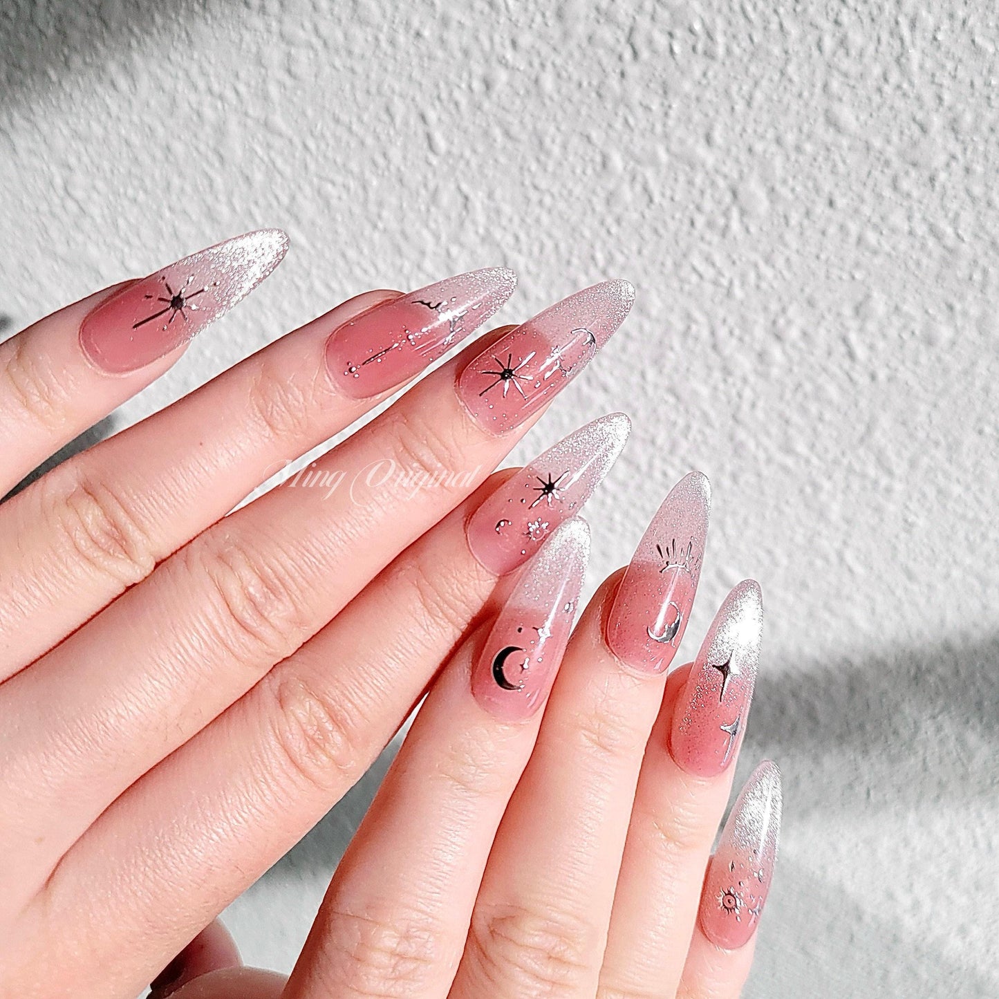 Y2K Silver Chrome free style Pink French Tip Cat Eye Nail press on, Glittery Jelly Fake nails, Luxury Handmade Nails