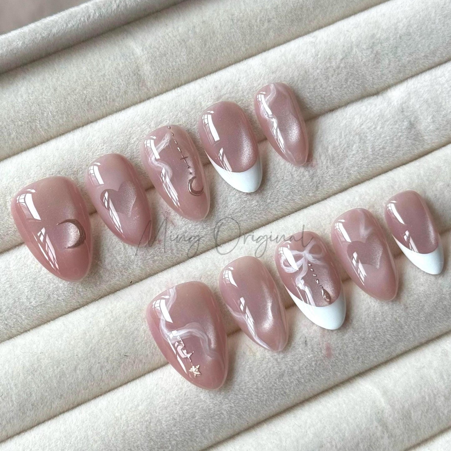 Fairycore celestial moon pink press on nail, cat eye heart bow coquette ribbon Press on Nails, glue on nail, holiday gift for her MO445