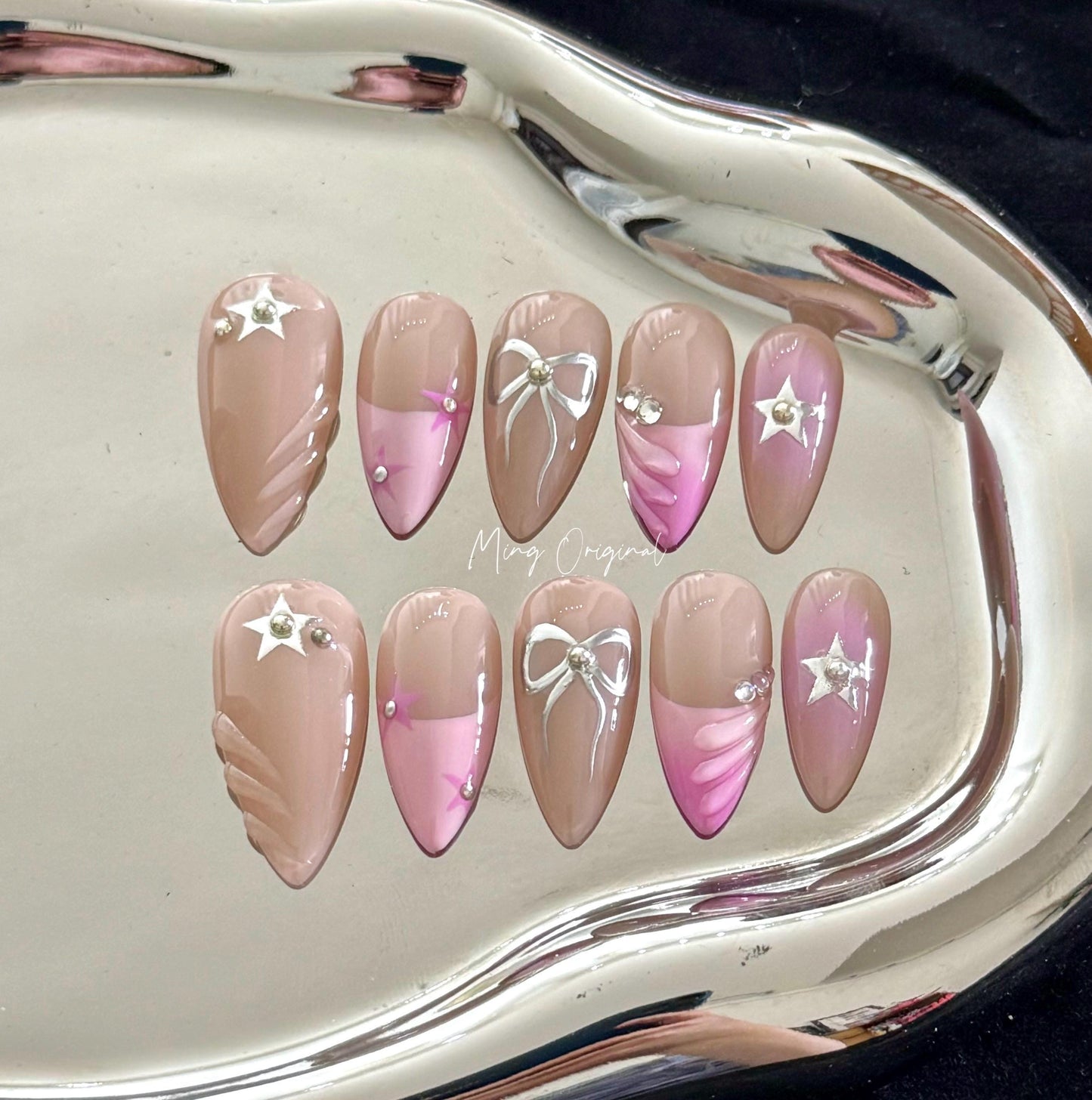 Cute pink star and bow coquette y2k press on Nail , French tip nail, chrome mirror star and bow handpainted nail, Valentine Gifts for Her
