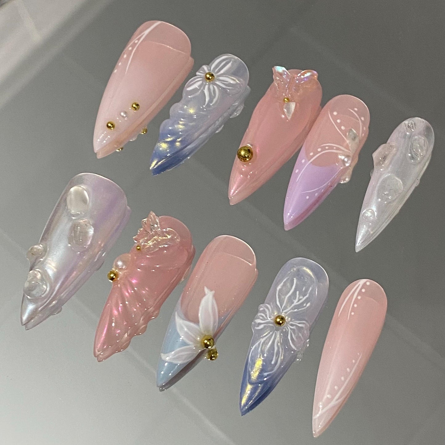 3D sculptured flower Press on Nails, Mermaid Butterfly Nails, Clear Orchard Floral Nails, Jelly Nails