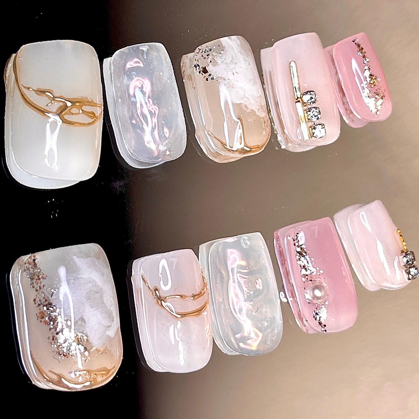 Da Princess Water Blooming Nude n Pink Aura Glittery Pearl Press on nail, Chrome line art nail, Handmade jelly nail