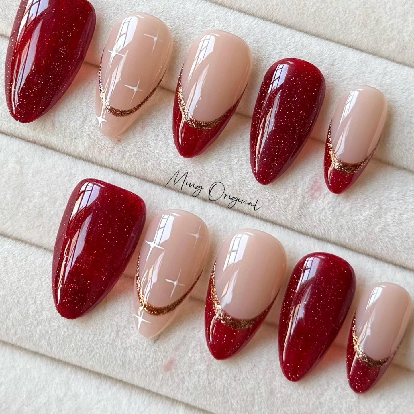 New Year Gold Minimalist Royal Red press on nail, reflective sparkling french tip nails, glue on nail,Christmas birthday gift for her, MO393