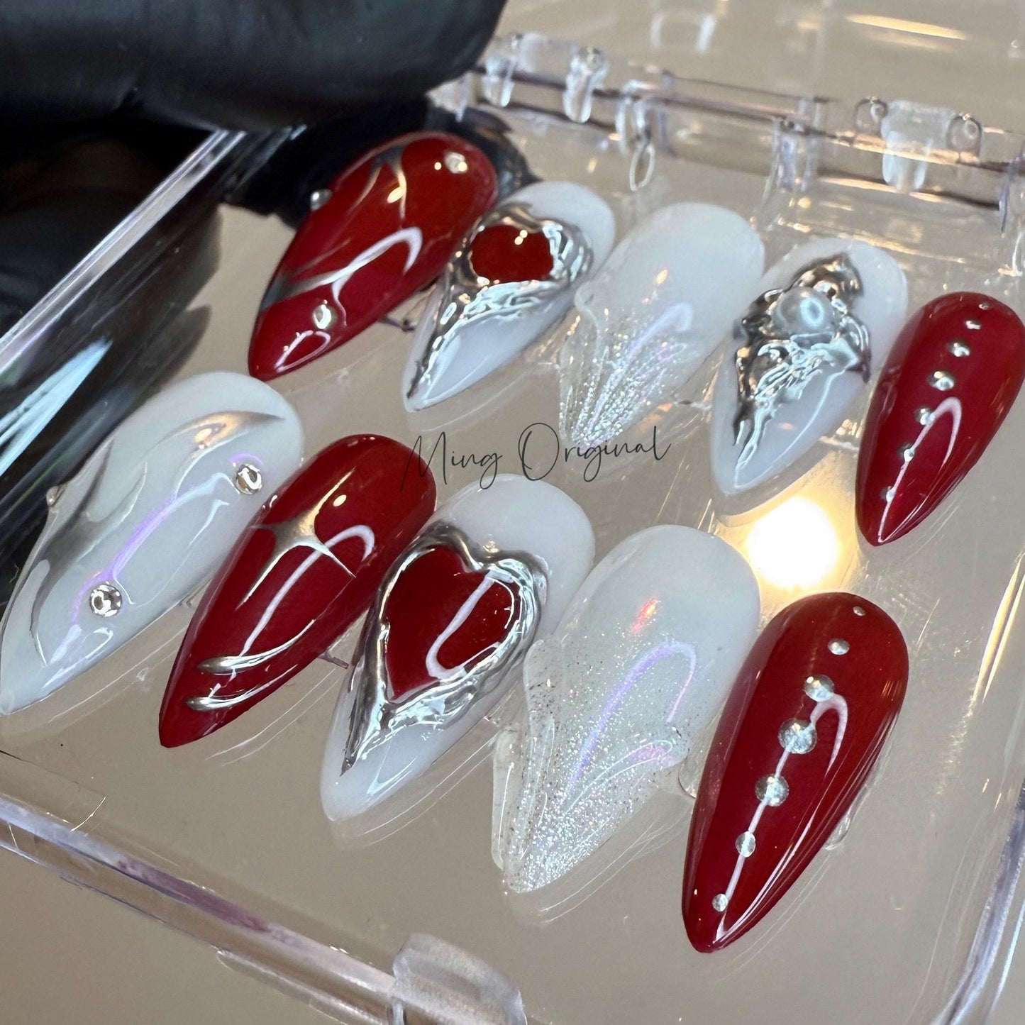 Milky white Silver red heart chrome Press on Nails, hand painted free style heart handmade Nails, gift for her, MO430