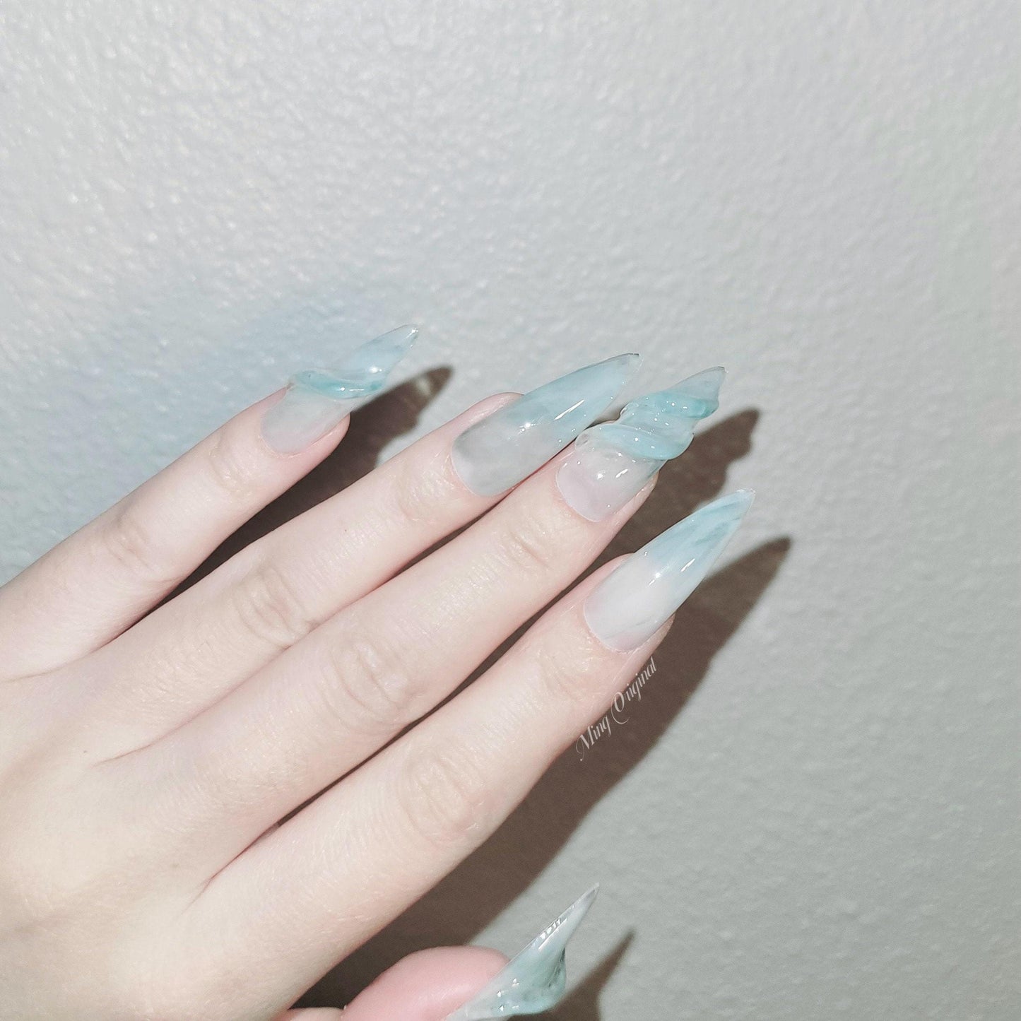 Da Jade | 3D nail Jade green n white water blooming Press on Nails, luxury handmade Nails, Jelly Nails