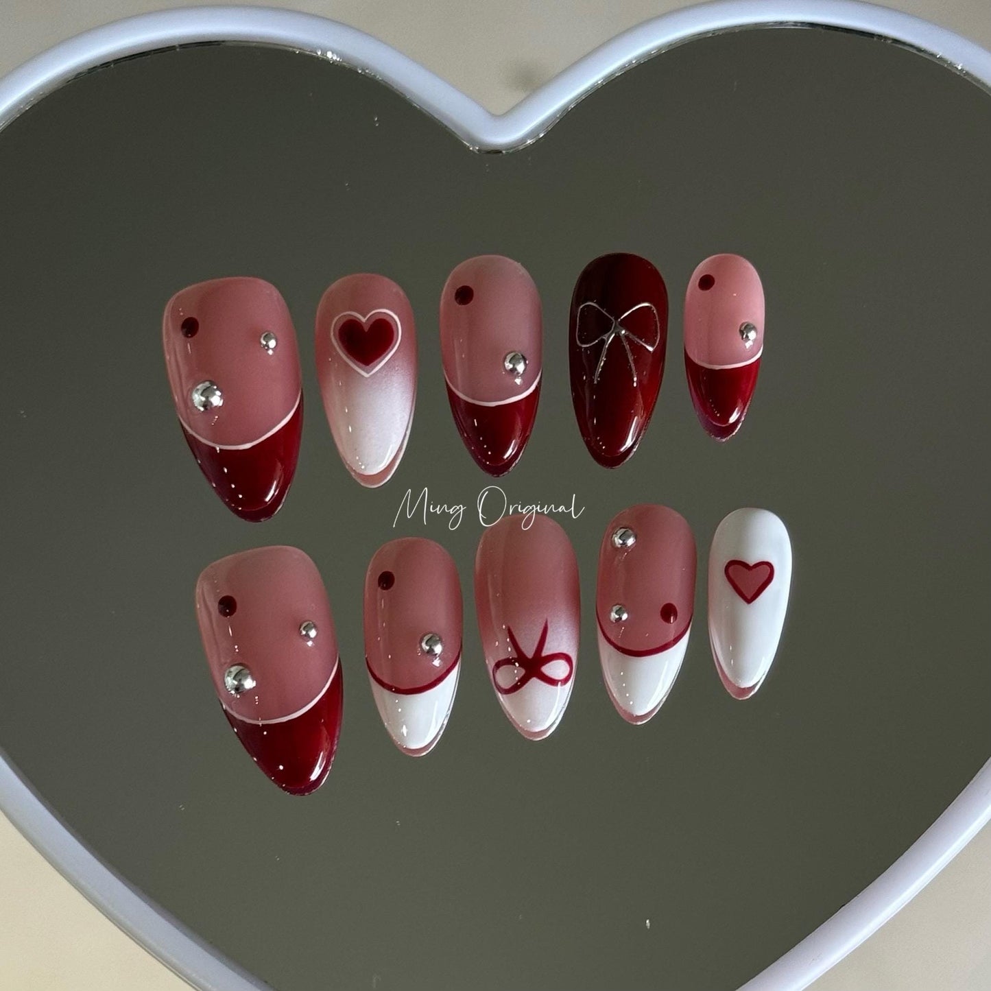 Ombre white silver 3d bow coquette and heart press on Nail, red french tip glue on nail, metallic Fake Nails, new year Gifts for Her, MO415