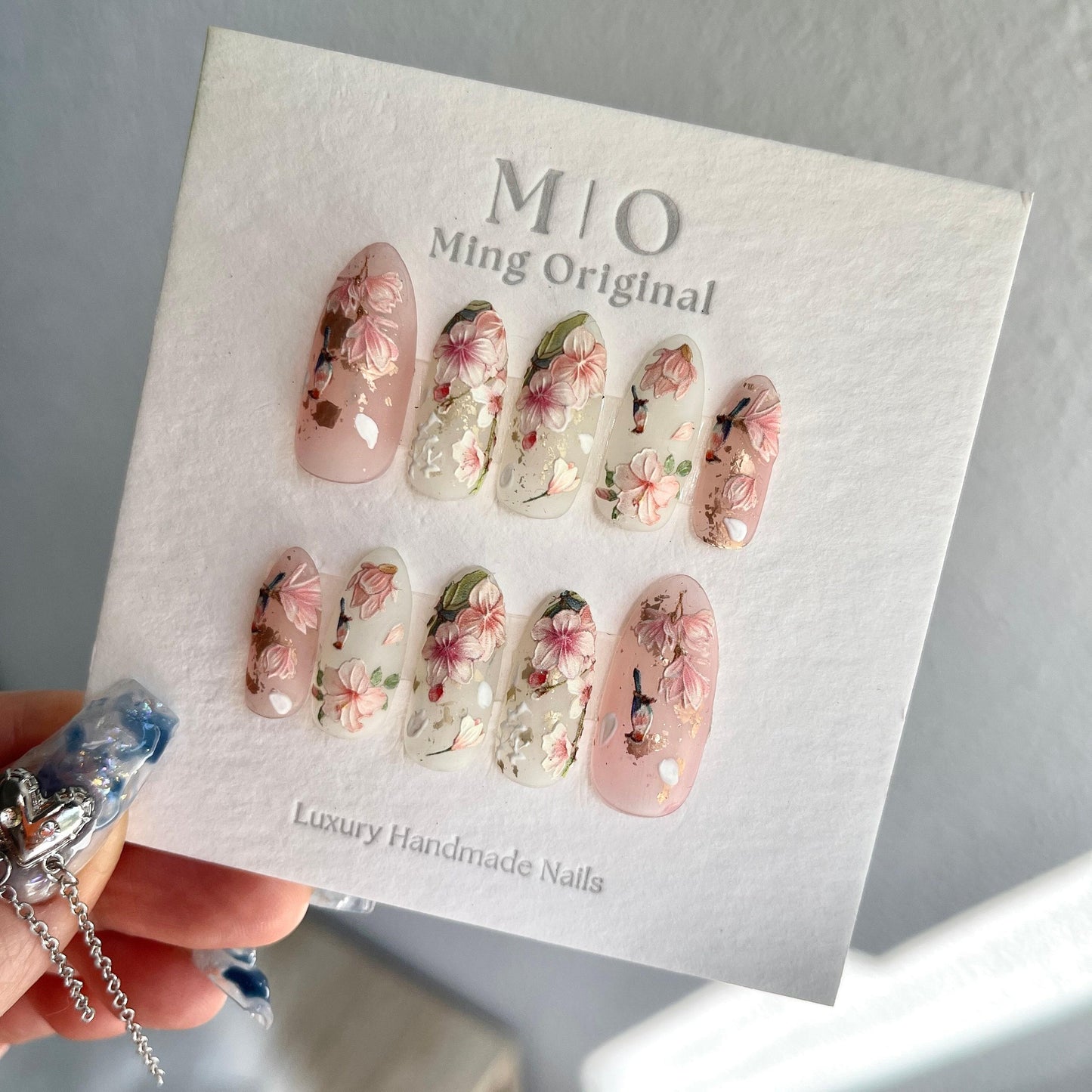 Reusable Pink sakura flower nail, bird nail, Premium Press on Nails, Fake nails, Nail Artist Faux Nails, Handmade gel art Nails, Matte Nails