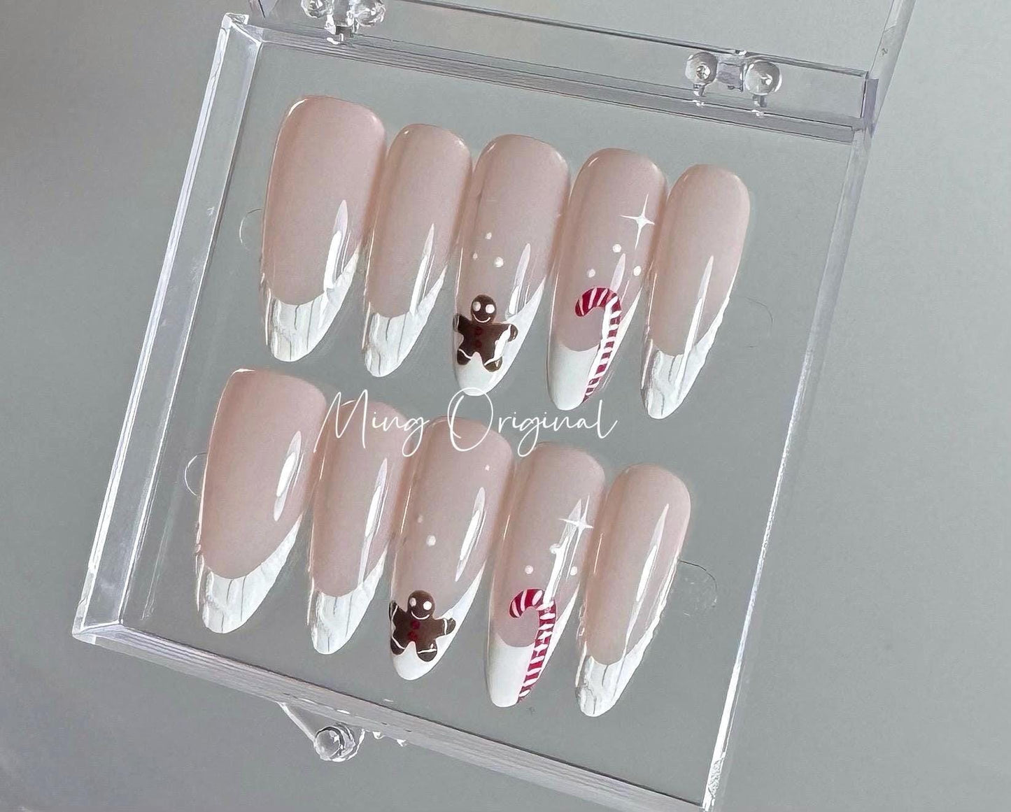 Christmas Gingerbread man press on Nail, candy cane French tip 3d sweater nails, glue on nail, Holiday Fake Nails, Gifts for Her, MO341