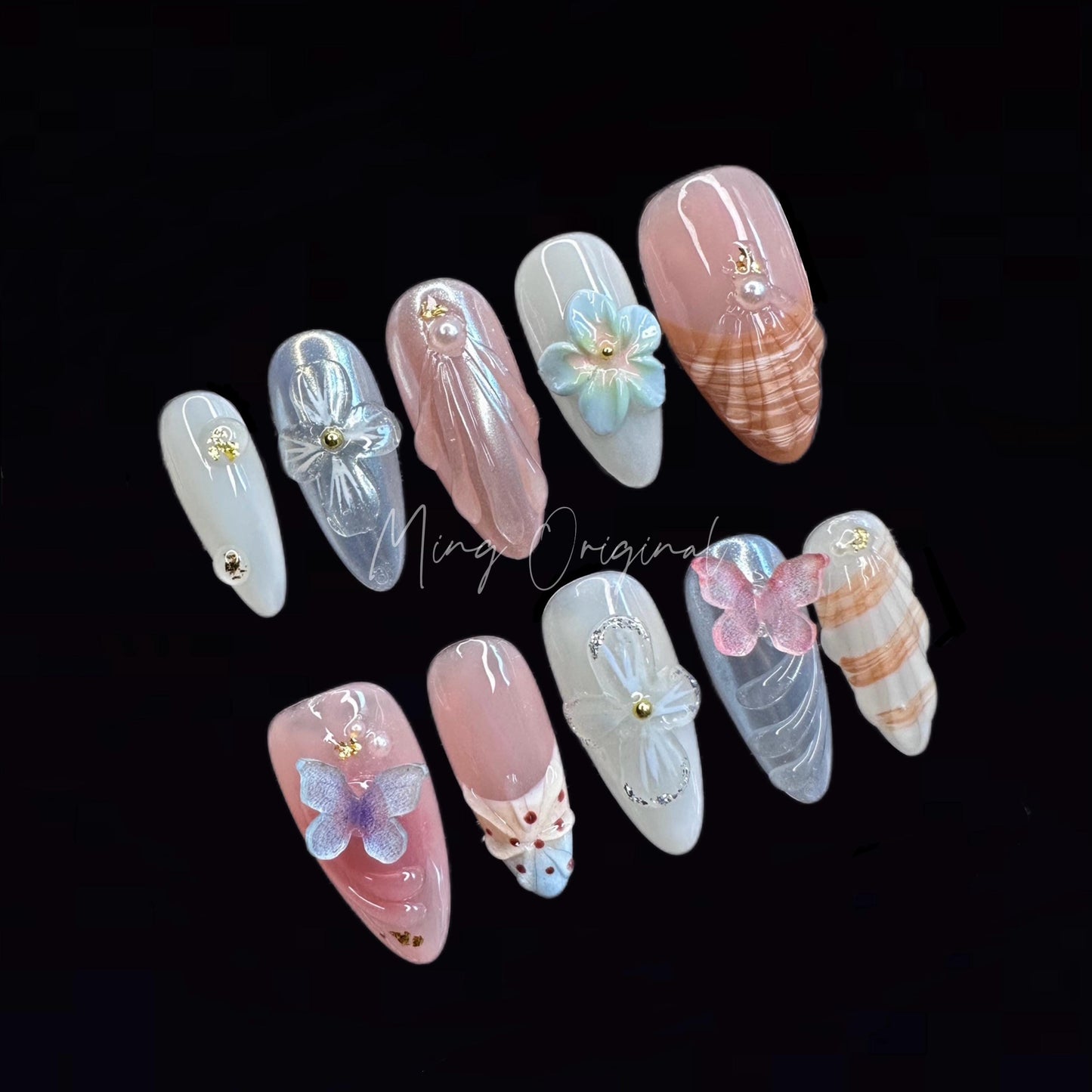 3D sculptured flower Seashell Press on Nail, Mermaid Butterfly Nails, Orchid Tropical Floral Nails, Jelly Nail