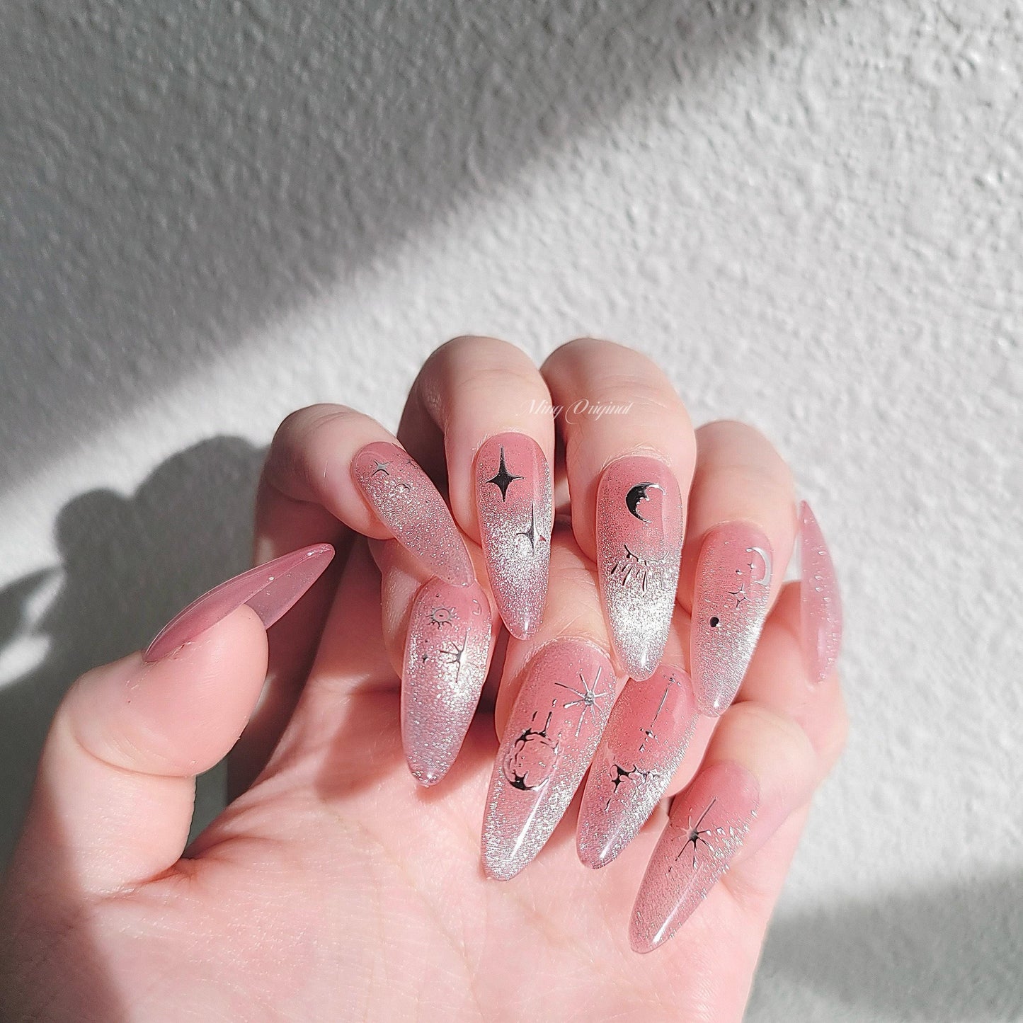 Y2K Silver Chrome free style Pink French Tip Cat Eye Nail press on, Glittery Jelly Fake nails, Luxury Handmade Nails