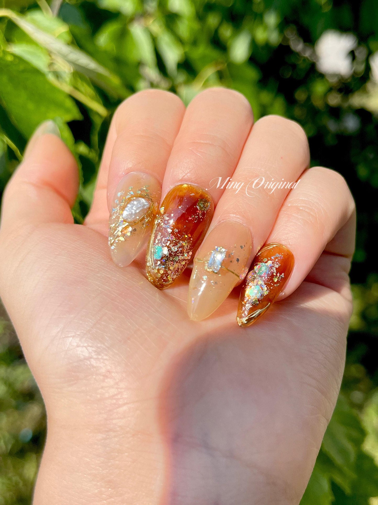 Da Brown sugar| glittery water blooming Press on Nails, vivid gemstone gold lines handmade Art  Nails, Jelly Nails
