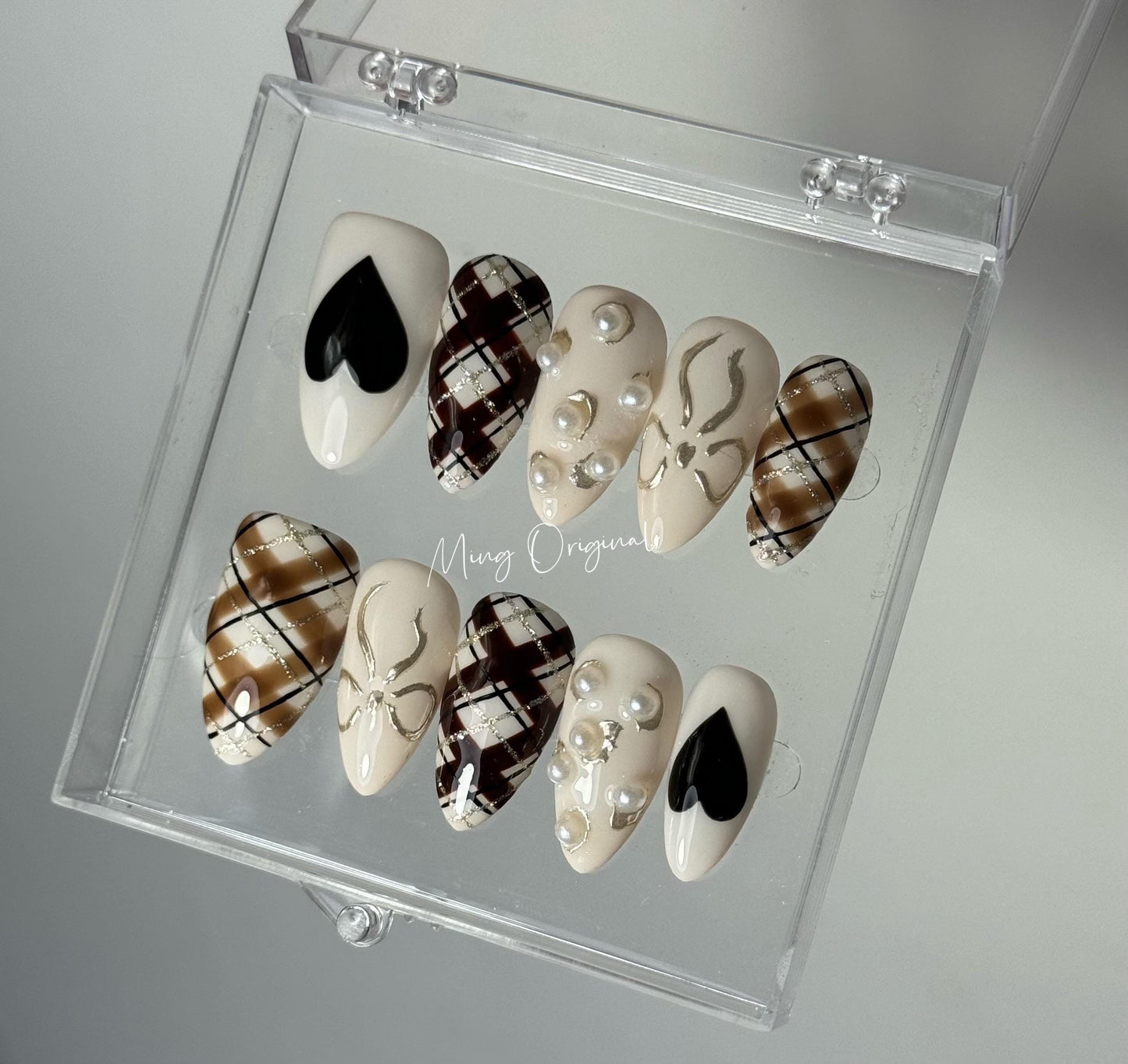 Valentine heart plaid pattern gold detail pearl embellishment Press on Nails, bow coquette glue on nail, holiday birthday gift for her,MO411