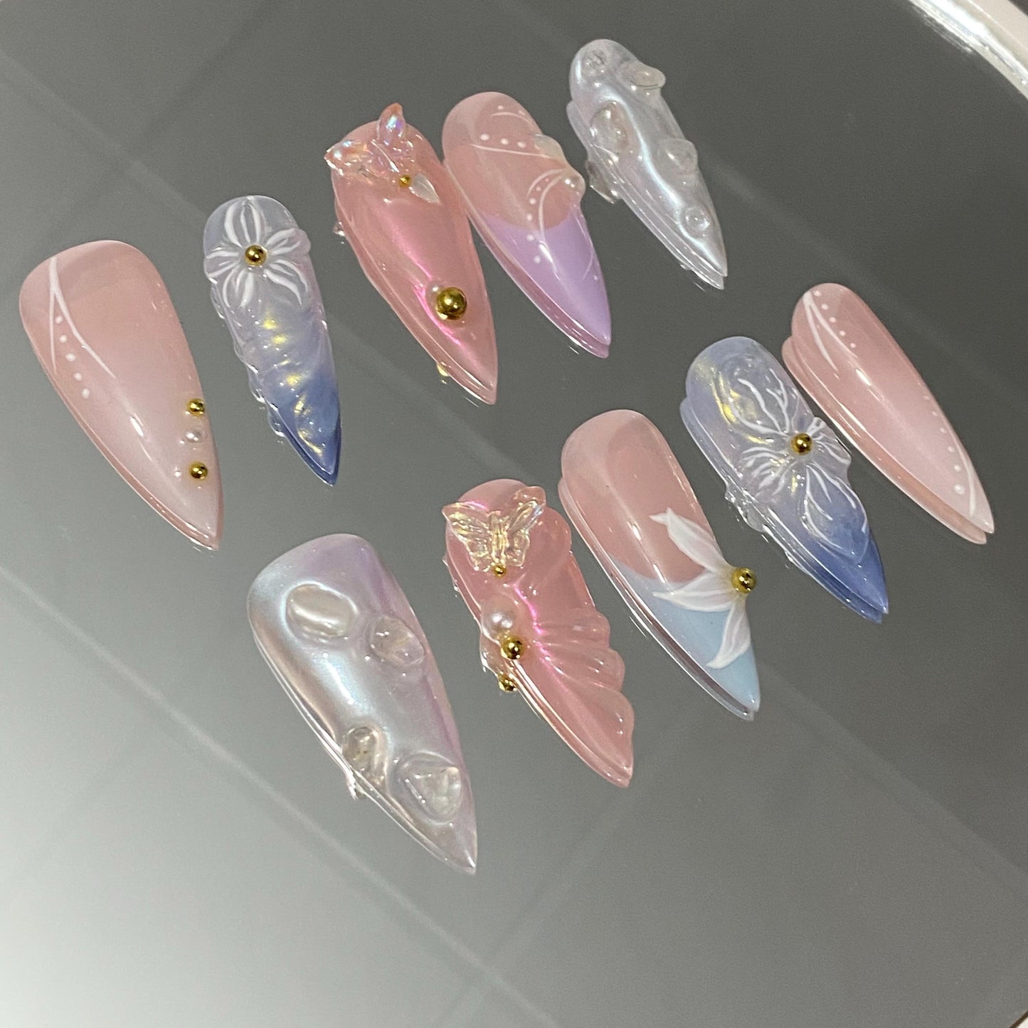 3D sculptured flower Press on Nails, Mermaid Butterfly Nails, Clear Orchard Floral Nails, Jelly Nails