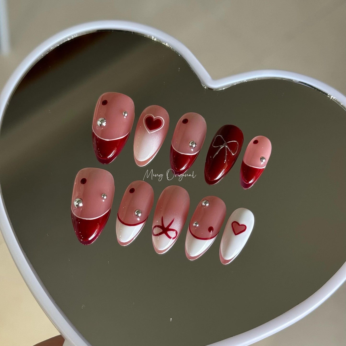 Ombre white silver 3d bow coquette and heart press on Nail, red french tip glue on nail, metallic Fake Nails, new year Gifts for Her, MO415