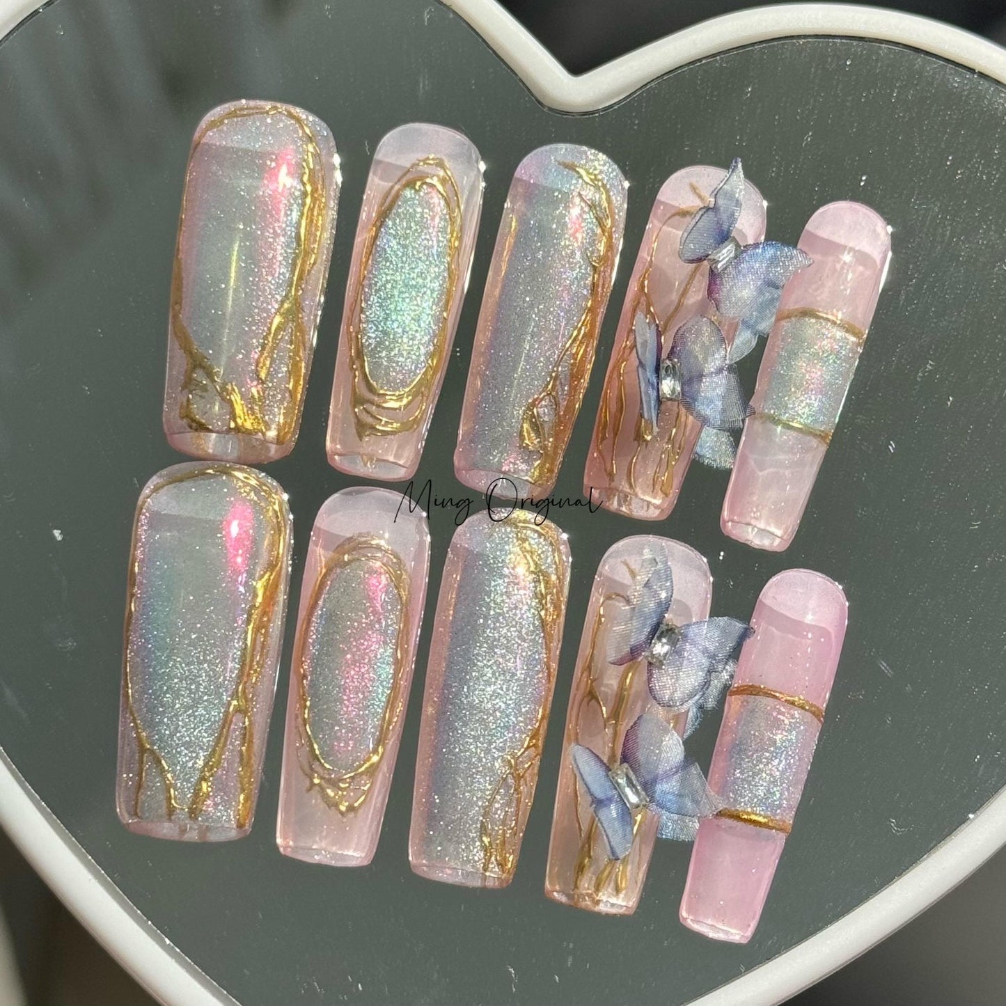 Butterfly Veil theme Press on Nails, Aura Mermaid Butterfly Nails, cat eye shimmering with gold detail, glue on Nails, gift for her, MO402