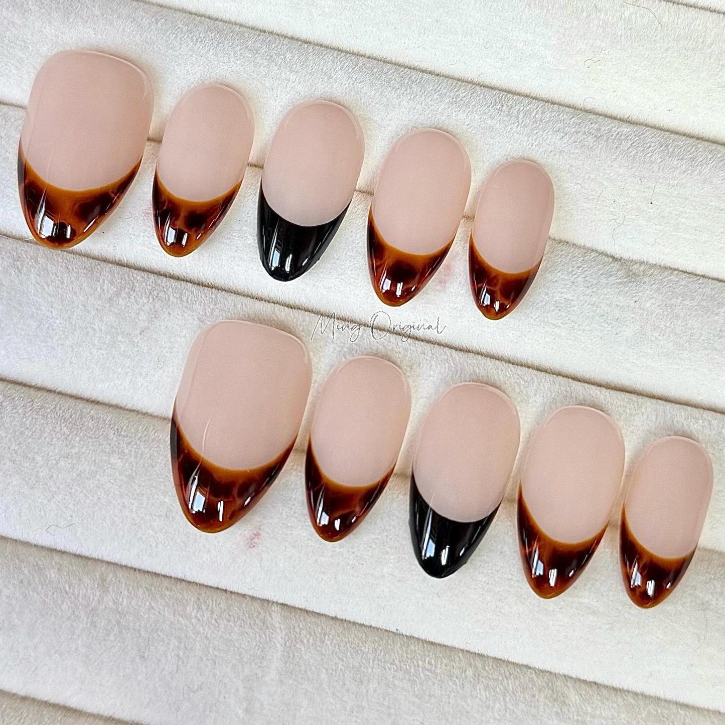 Classic French tip Tortoise Shell Amber water blooming Press on Nails, Jelly hand painted nail, fall winter nail,gift for her,MO360