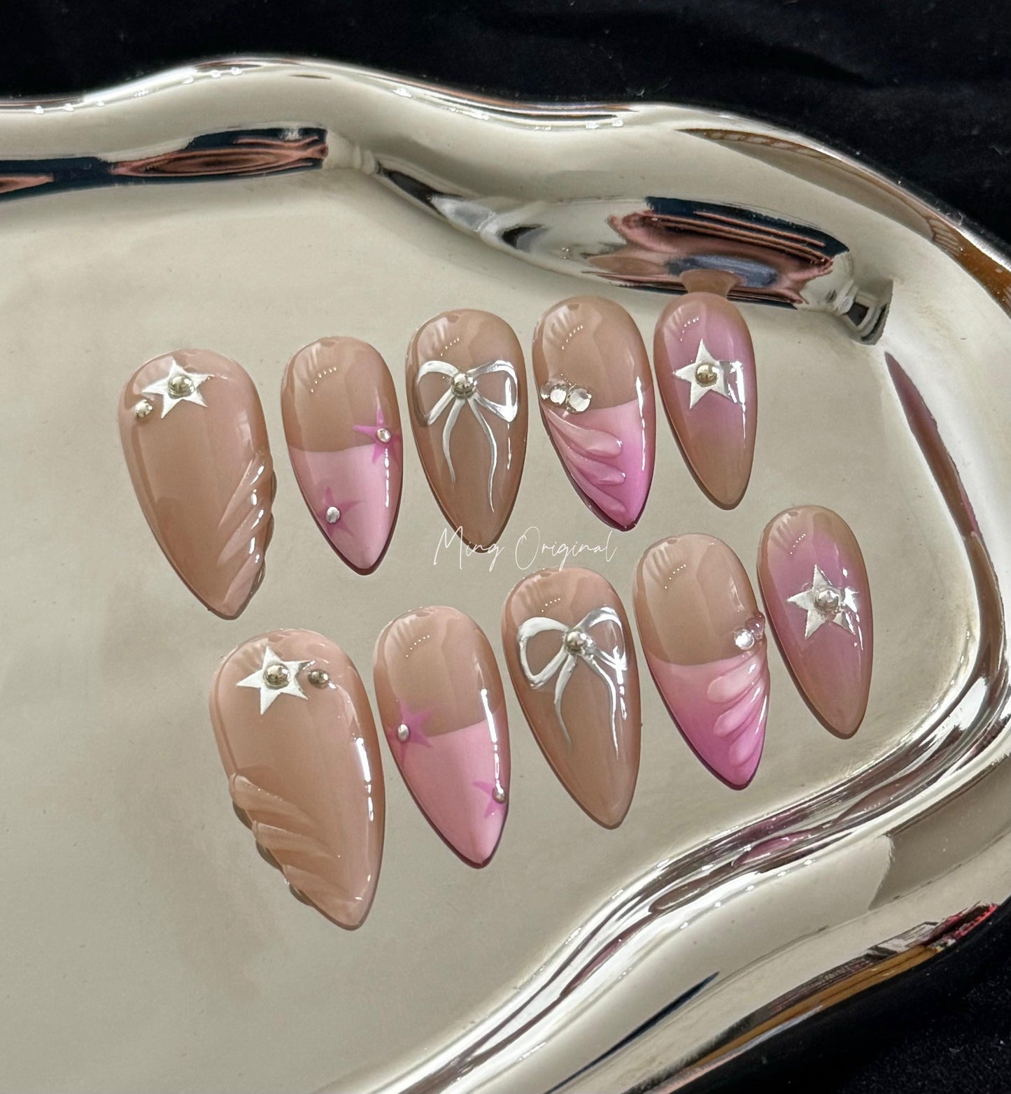 Cute pink star and bow coquette y2k press on Nail , French tip nail, chrome mirror star and bow handpainted nail, Valentine Gifts for Her