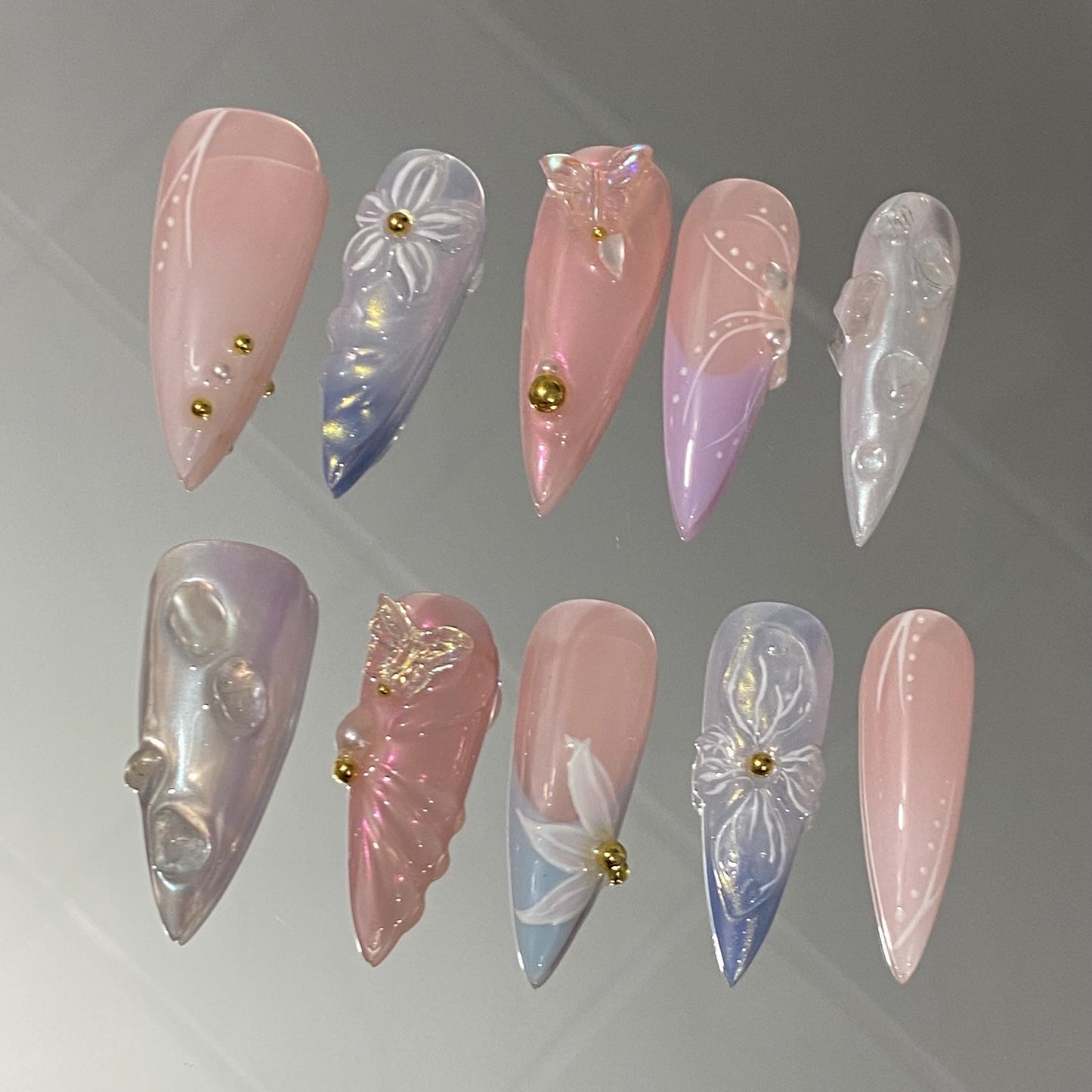 3D sculptured flower Press on Nails, Mermaid Butterfly Nails, Clear Orchard Floral Nails, Jelly Nails