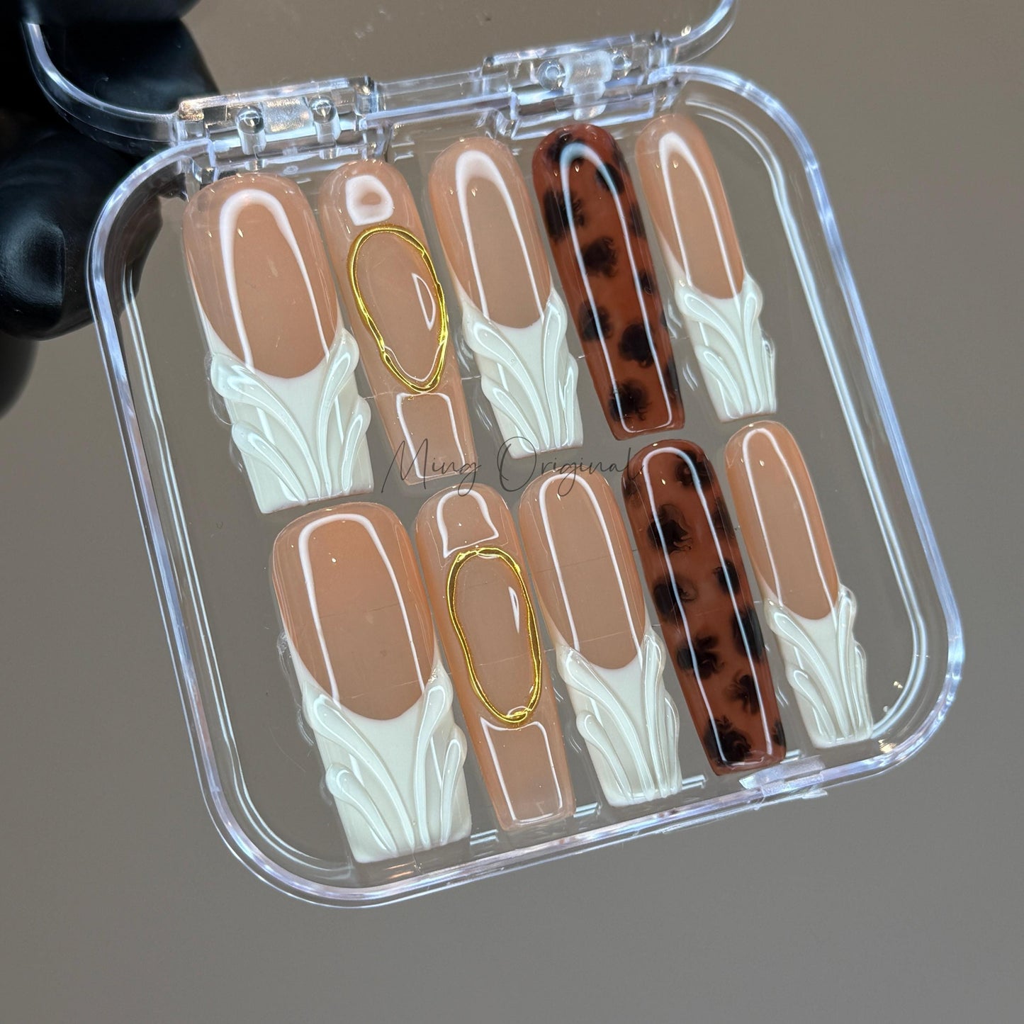 Simple Tortoise Shell Amber water blooming Press on Nails, French tip 3d swirl and gold Jelly hand painted nail,gift for her,MO431