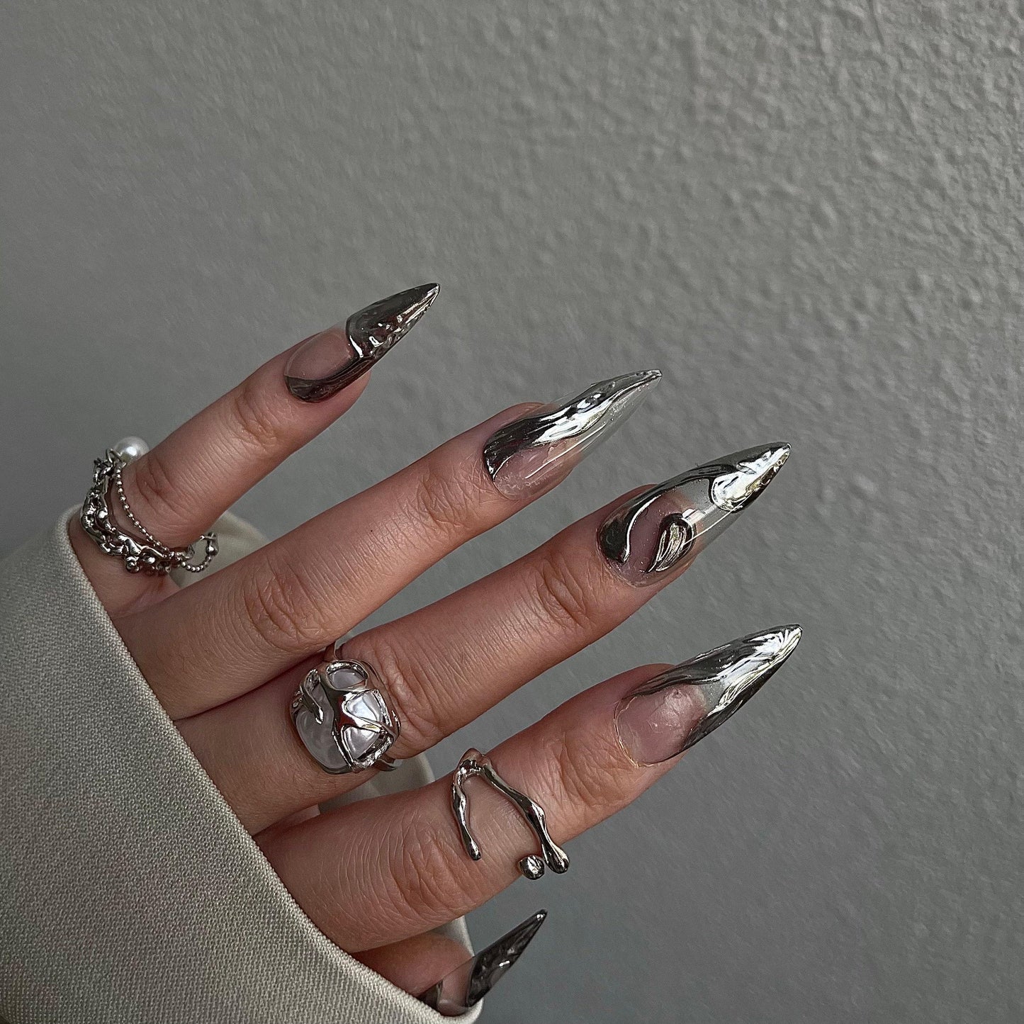 Silver chrome mirror y2k Nail press on, Fake nails, Metallic textured nail, Luxury Handmade Nails