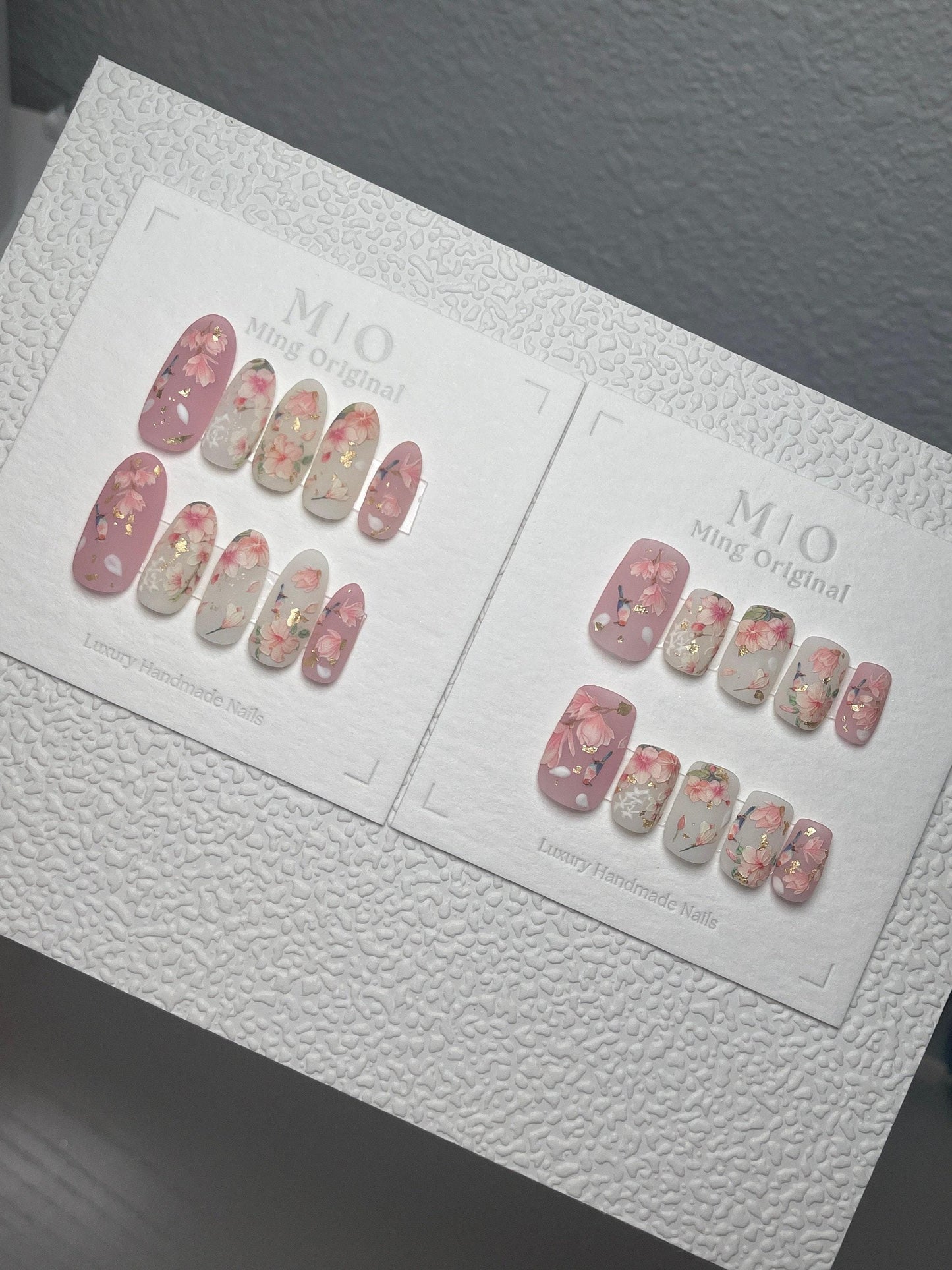 Reusable Pink sakura flower nail, bird nail, Premium Press on Nails, Fake nails, Nail Artist Faux Nails, Handmade gel art Nails, Matte Nails