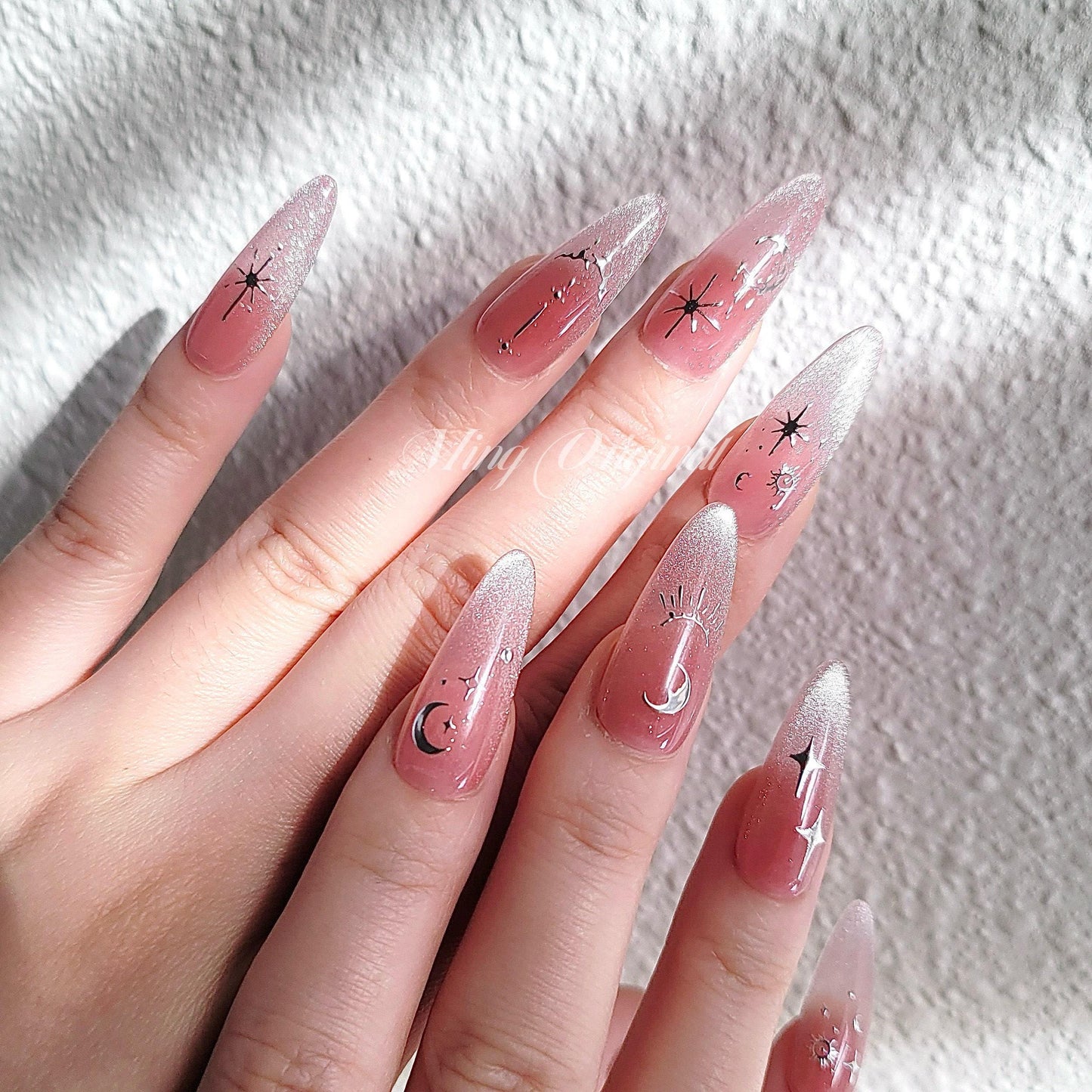 Y2K Silver Chrome free style Pink French Tip Cat Eye Nail press on, Glittery Jelly Fake nails, Luxury Handmade Nails