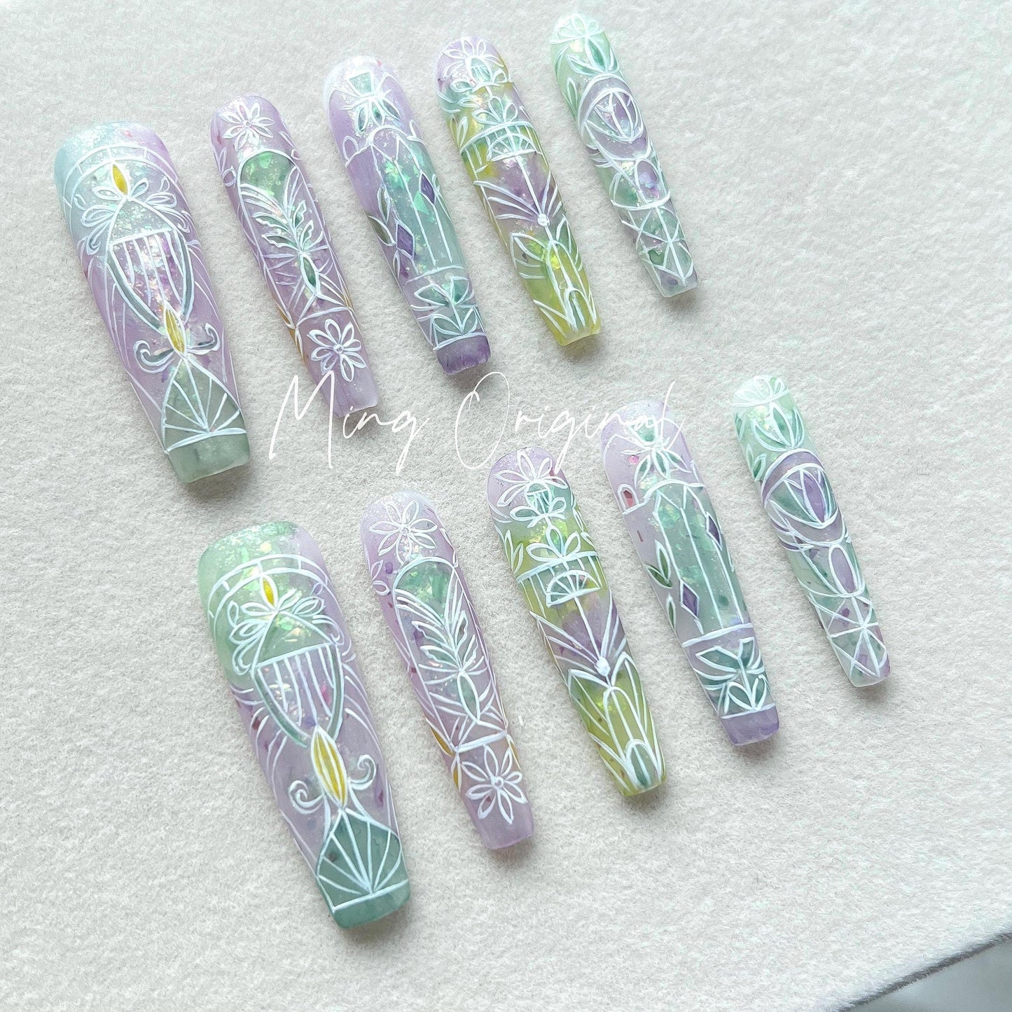Stained Glass Window Free style Flower pastel Water Color press on nails, ombre rainbow color matching, hand painted nail, gift for her