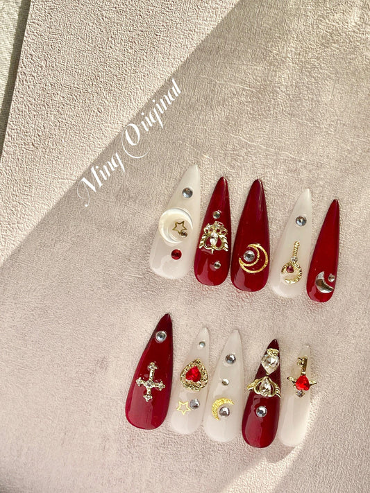 Red milky Sailor moon press on nail, Premium Hand paint Nails, Fake nails, Handmade Gel Nails, Red rhinestone nail, milky white nail