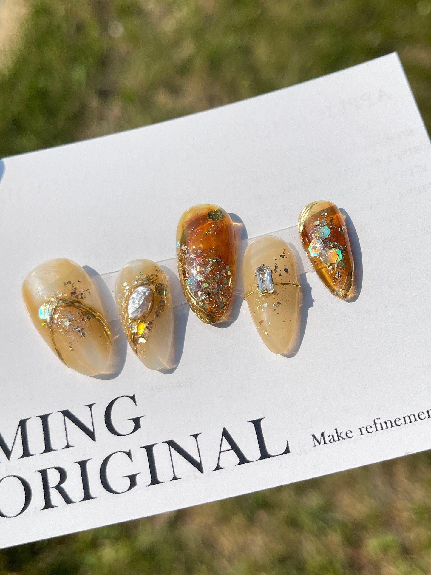 Da Brown sugar| glittery water blooming Press on Nails, vivid gemstone gold lines handmade Art  Nails, Jelly Nails